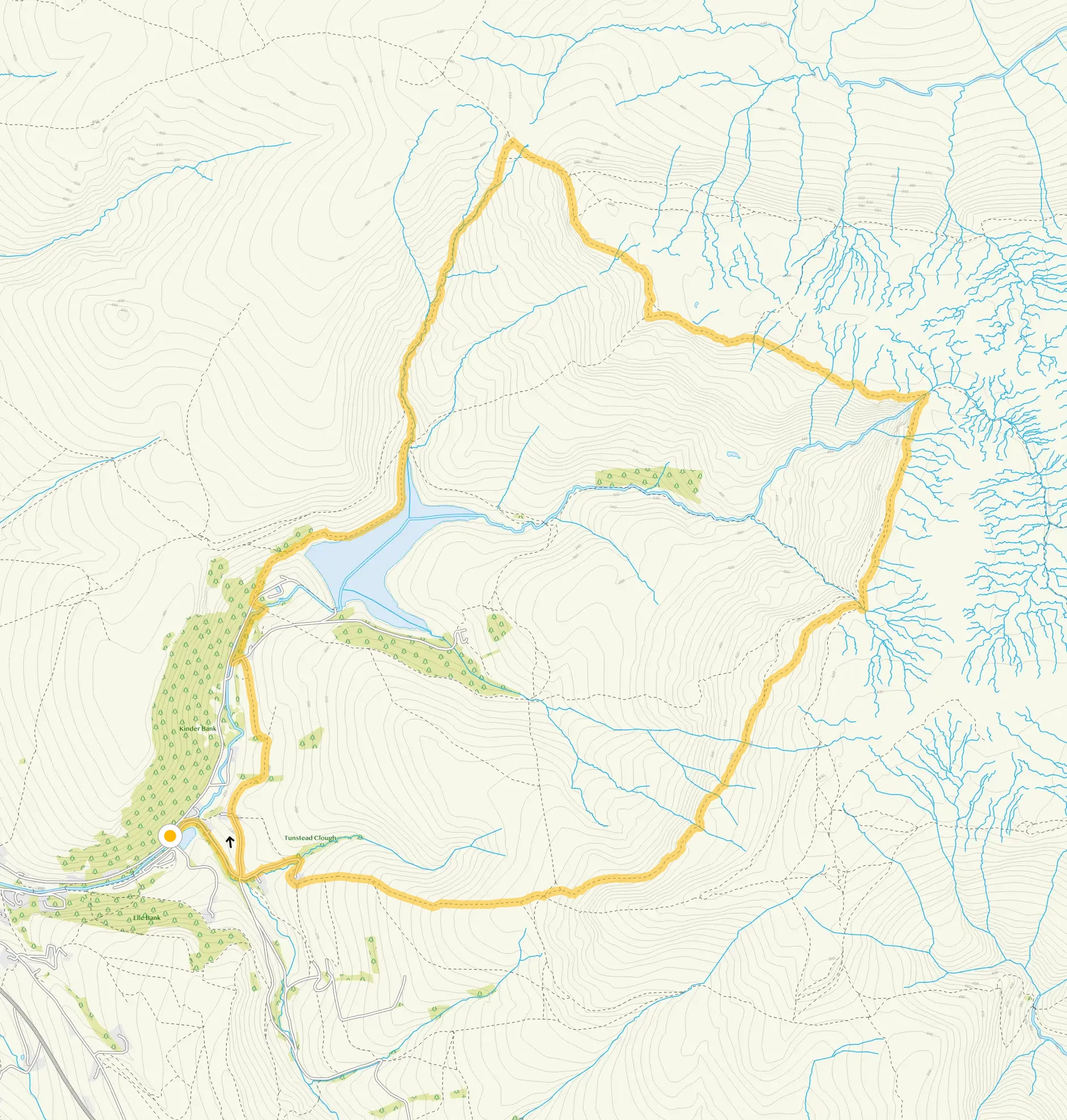 Route map for Kinder Reservoir and Snake Pass challenging walk, a 7.5 mile circular walk in Derbyshire