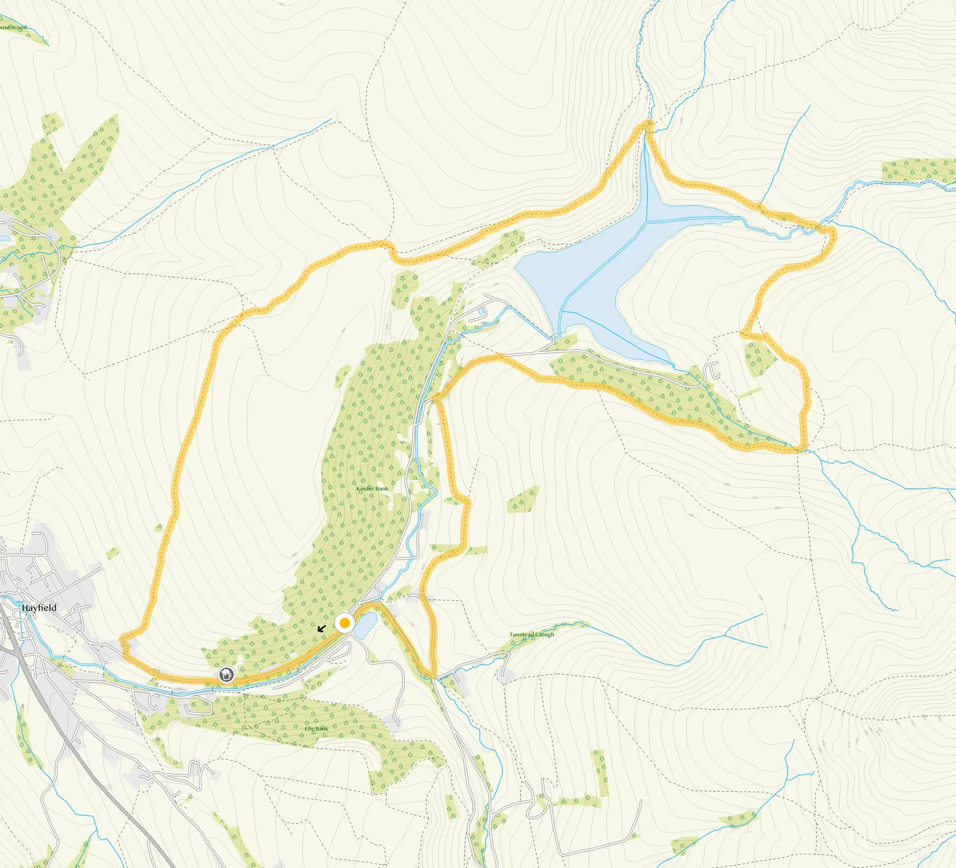 Route map for Kinder Reservoir and Snake Pass moors walk, a 5.25 mile circular walk in Derbyshire
