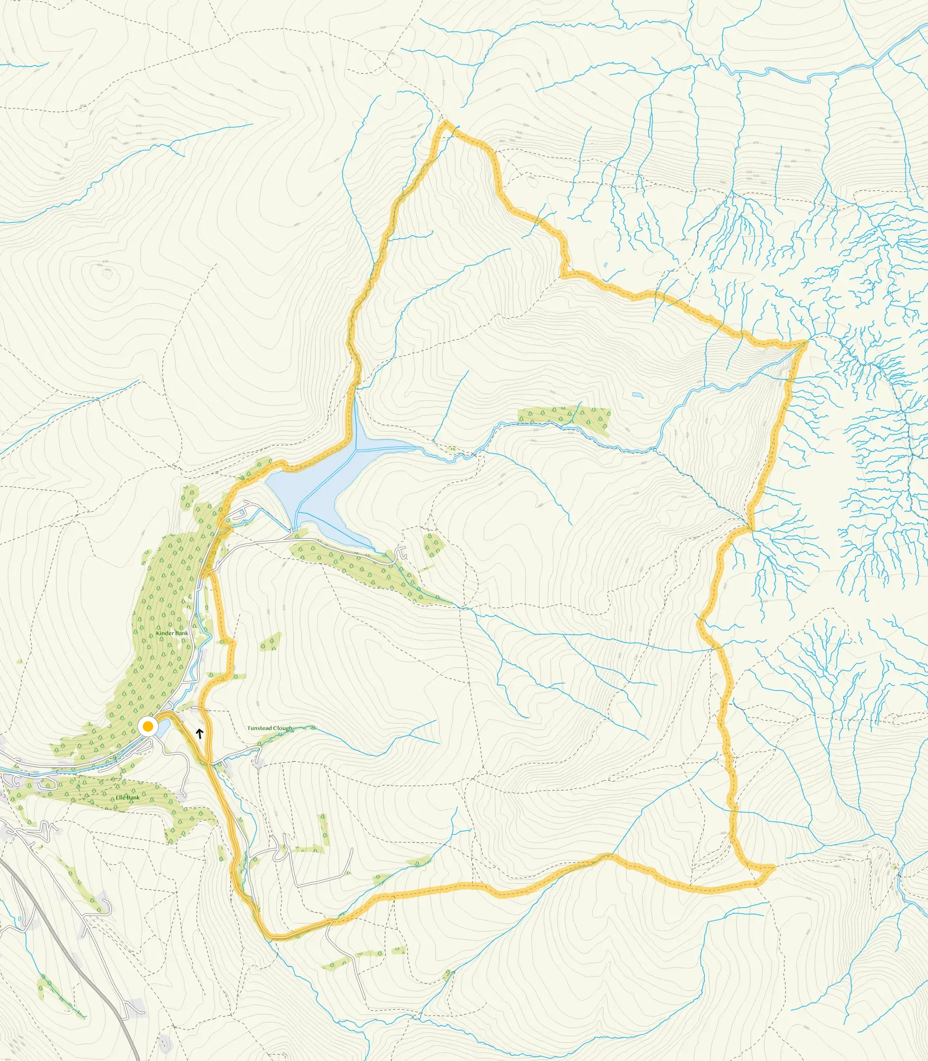 Route map for Kinder Reservoir epic walk, an 8.75 mile circular walk in Derbyshire