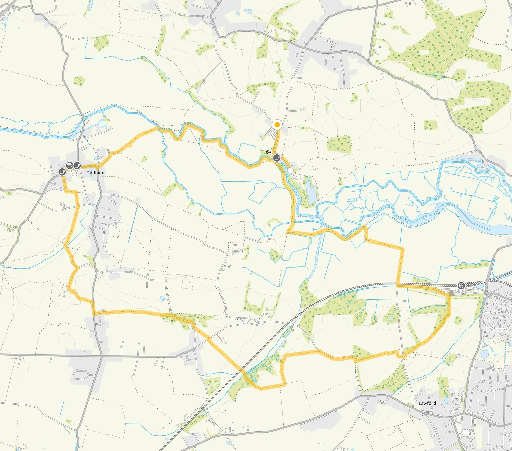 Route map for Dedham Walk 3, a 7.75 mile circular walk in Essex
