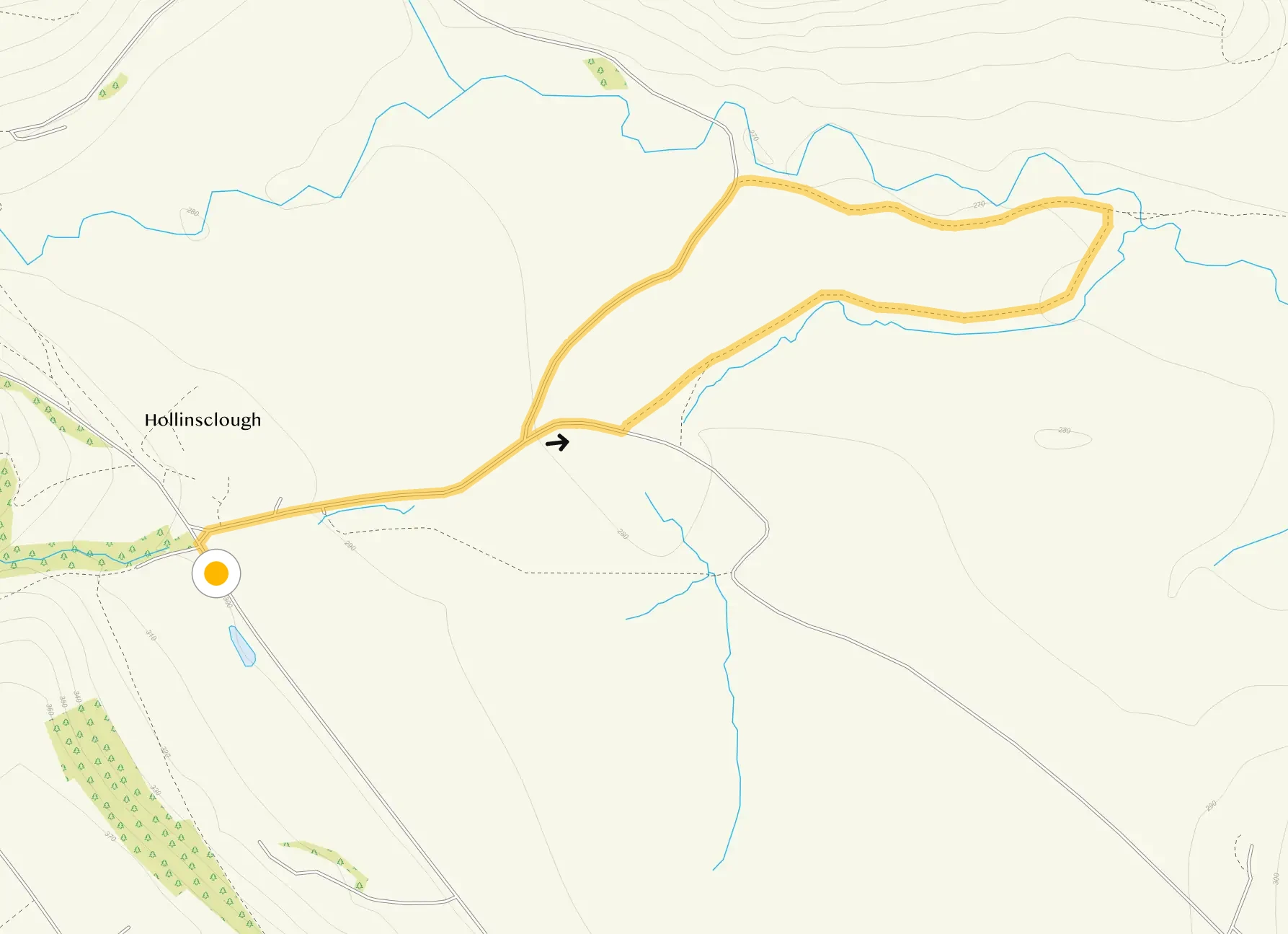 Route map for Hollinsclough Walk 2, a 1.5 mile circular walk in Staffordshire