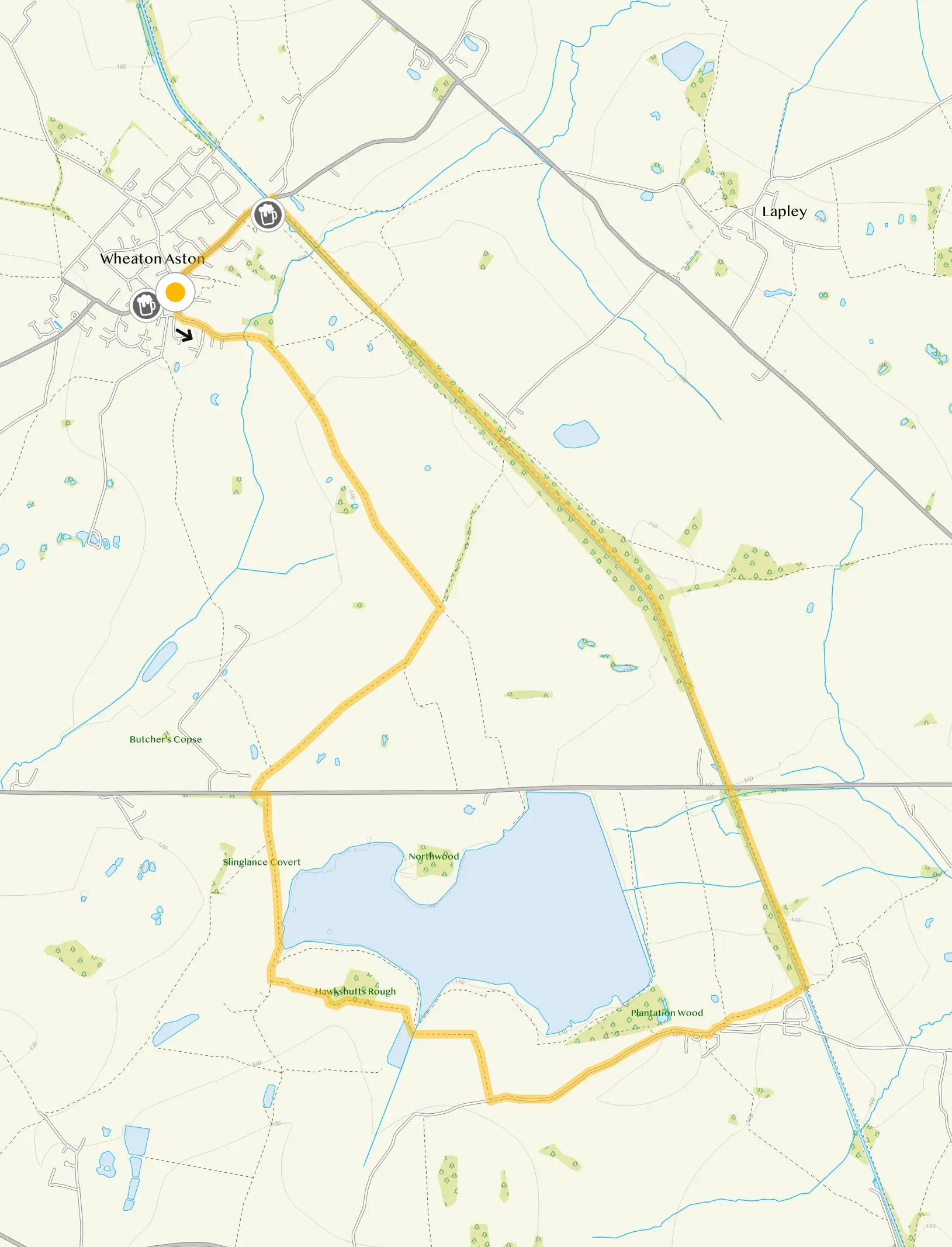 Route map for Wheaton Aston Walk 2, a 6.25 mile circular walk in Staffordshire