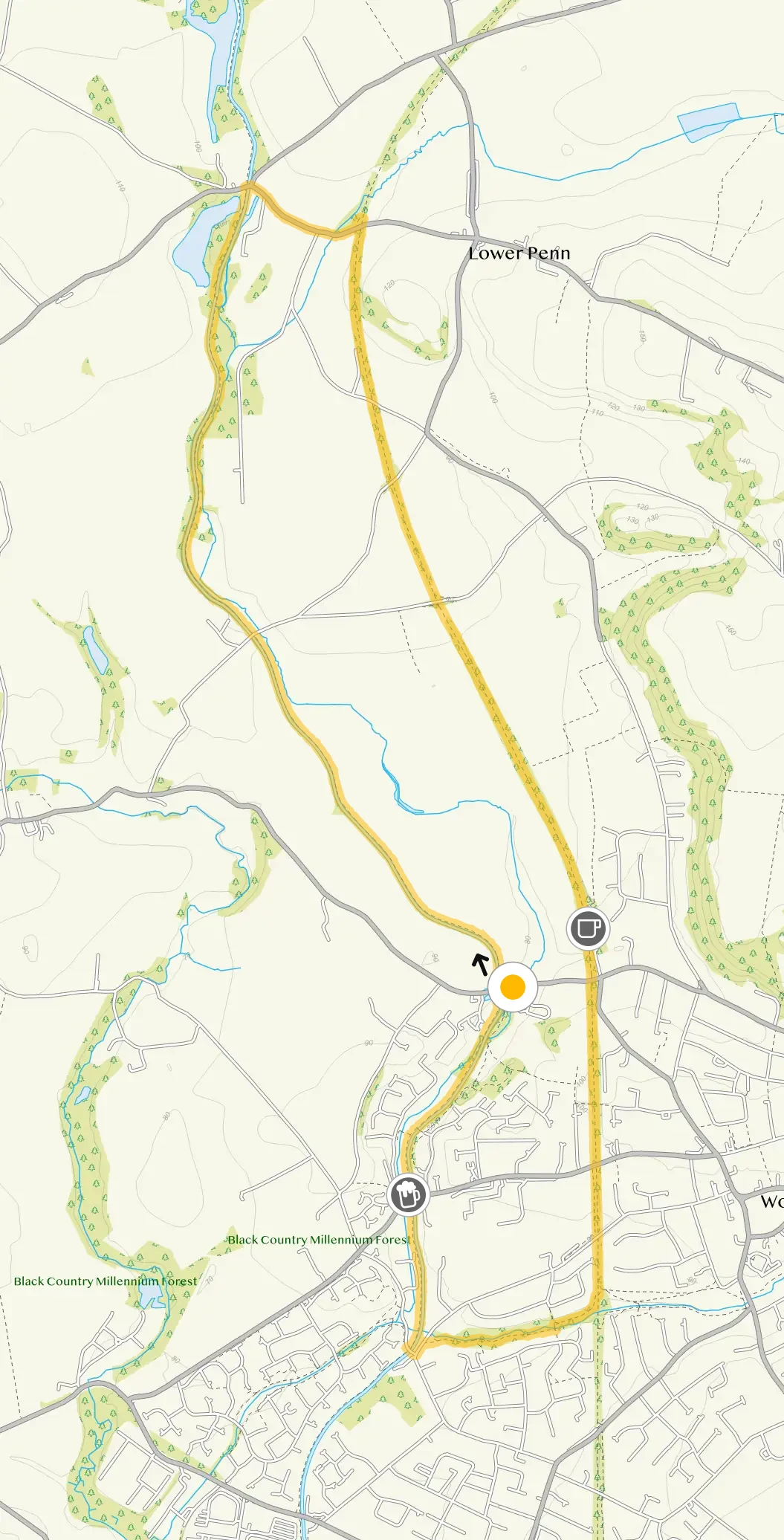 Route map for Wombourne Walk 4, a 5.5 mile circular walk in Staffordshire