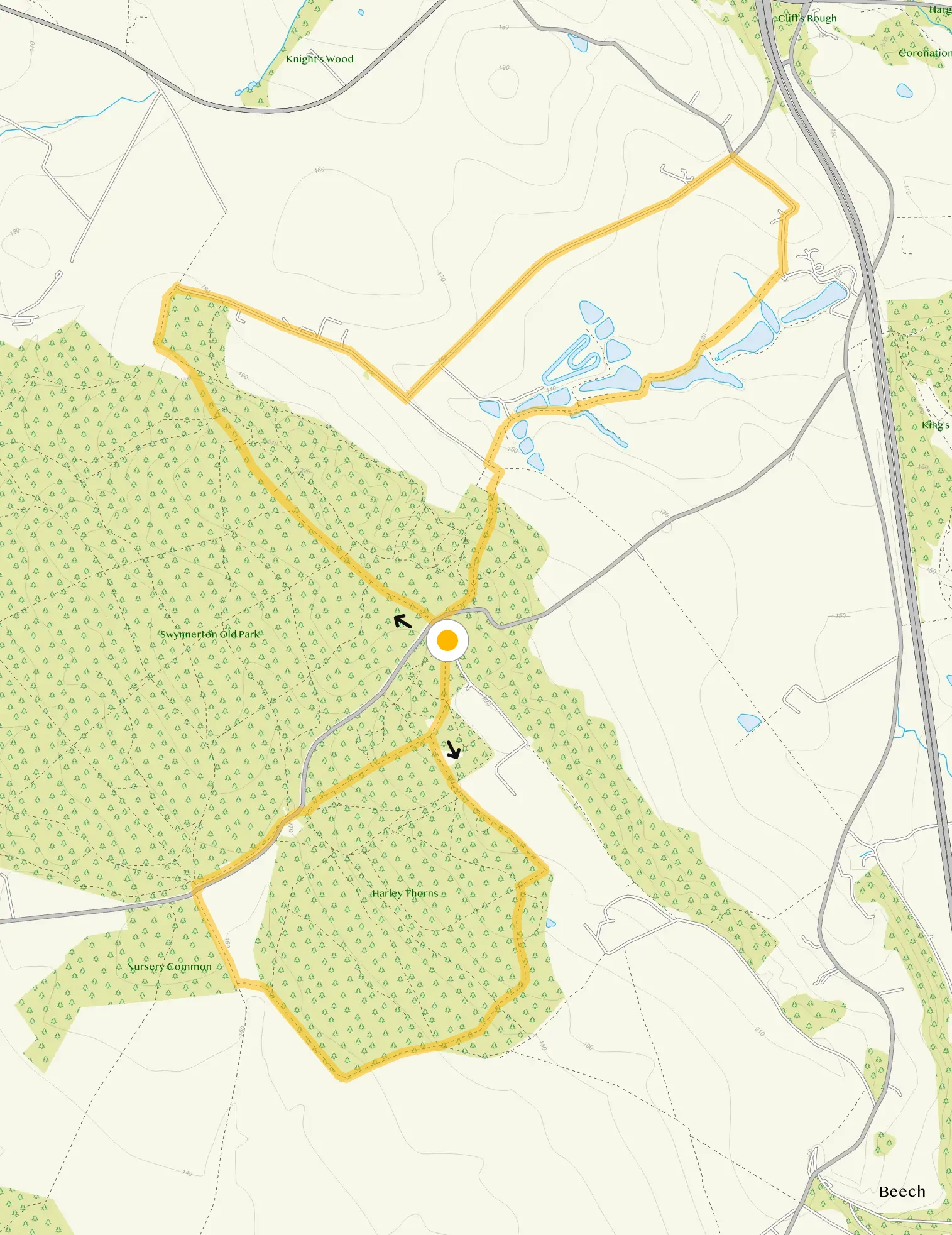 Route map for Hanchurch Hills Walk 4, a 5.75 mile circular walk in Staffordshire