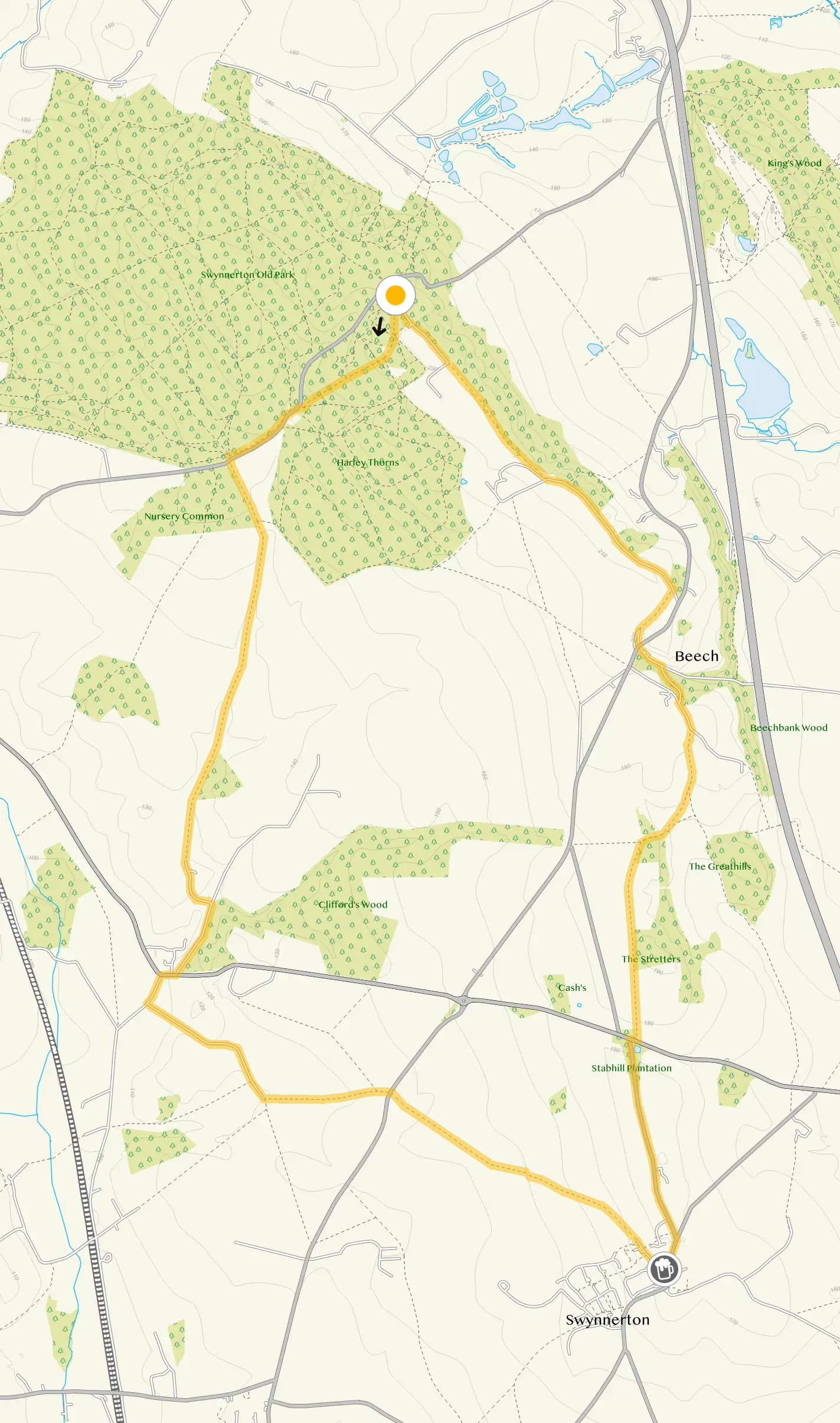 Route map for Hanchurch Hills Walk 5, a 7.5 mile circular walk in Staffordshire