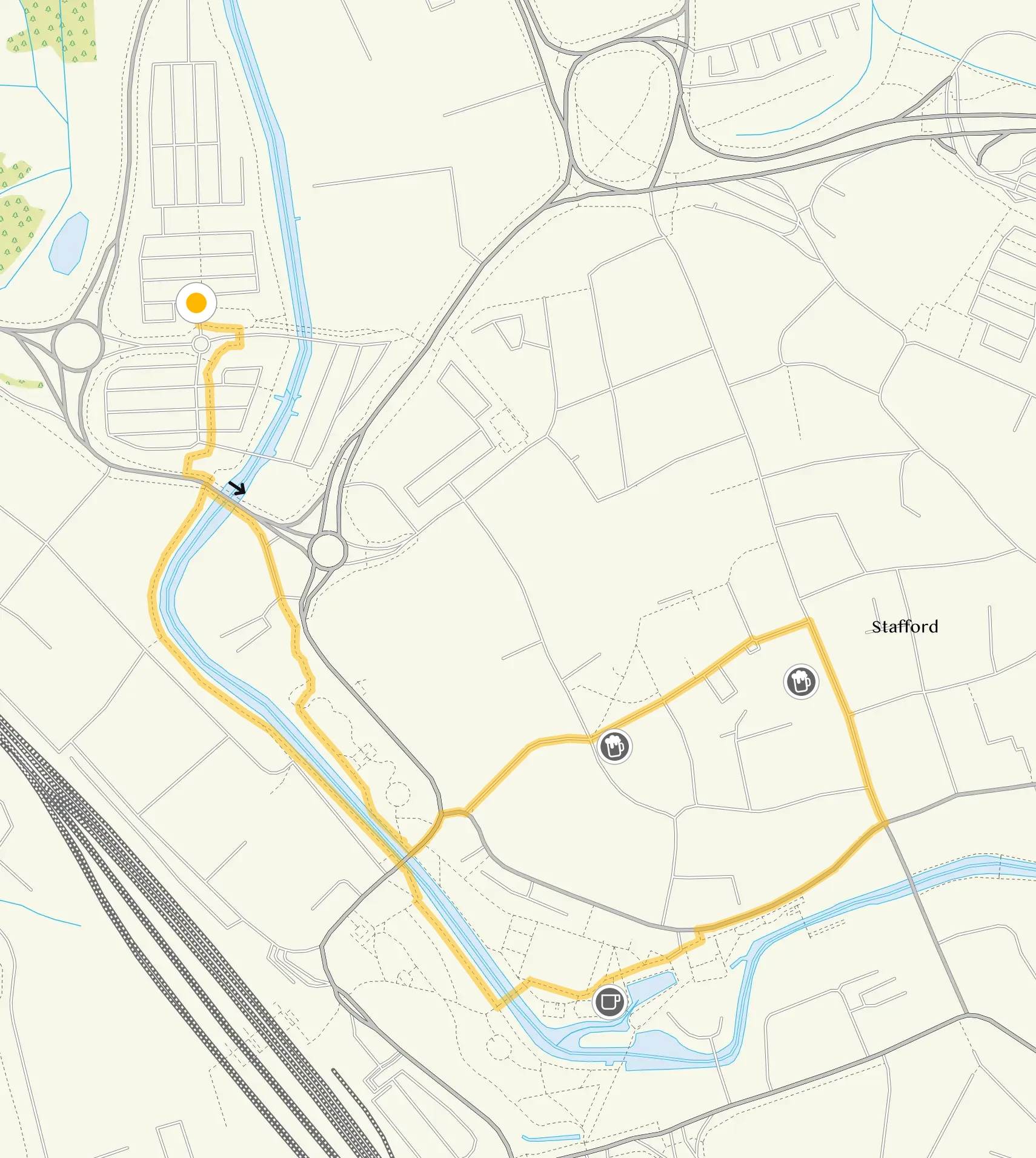 Route map for Stafford Walk 1, a 1.25 mile circular walk in Staffordshire