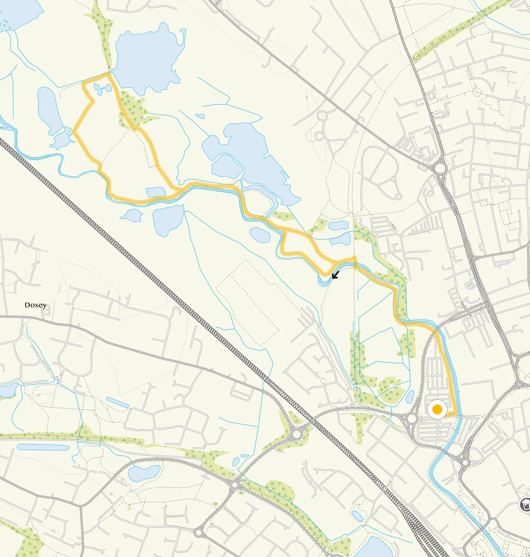 Route map for Stafford Walk 2, a 2.5 mile circular walk in Staffordshire