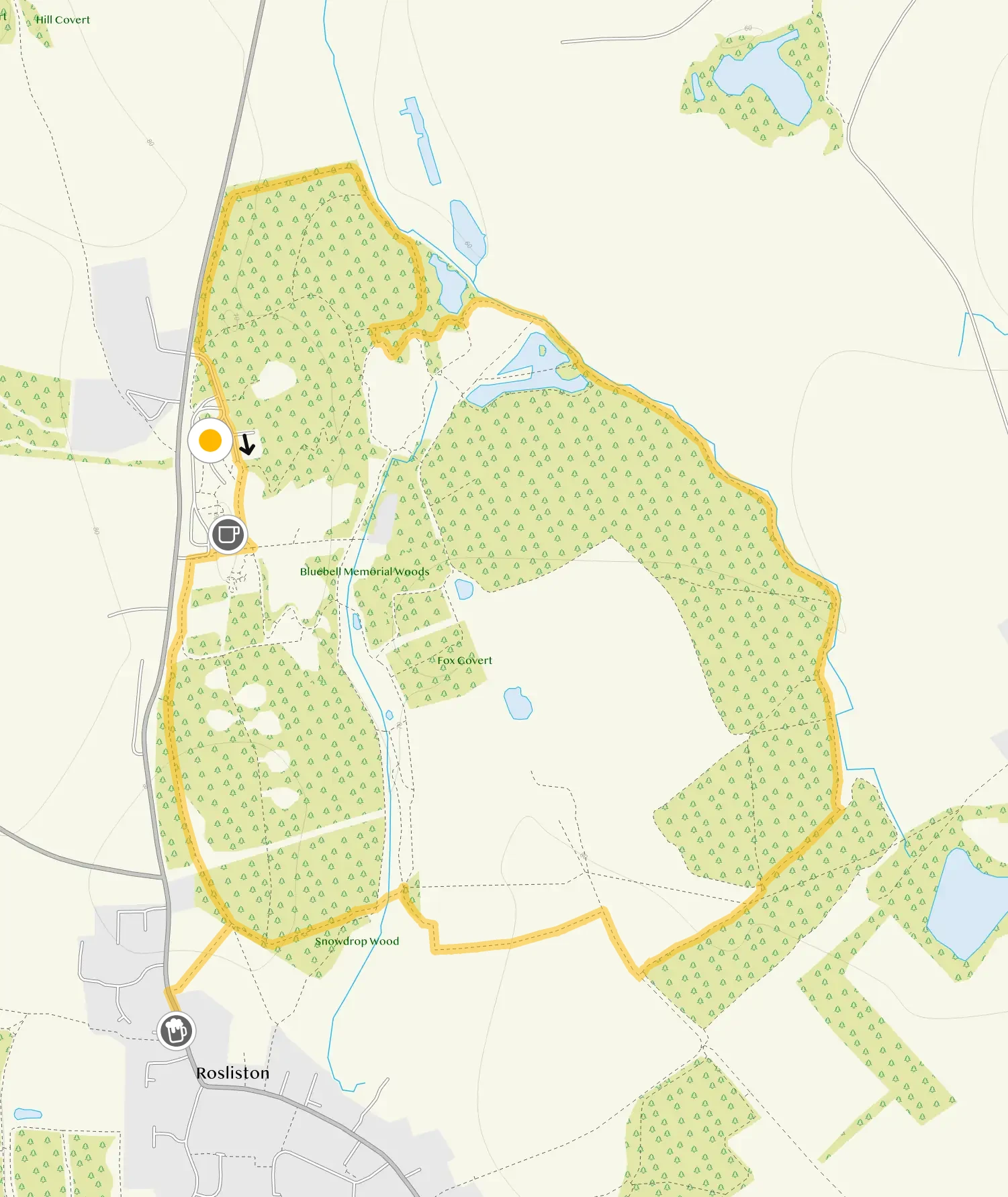 Route map for Rosliston Forest Walk 1, a 2.5 mile circular walk in Derbyshire