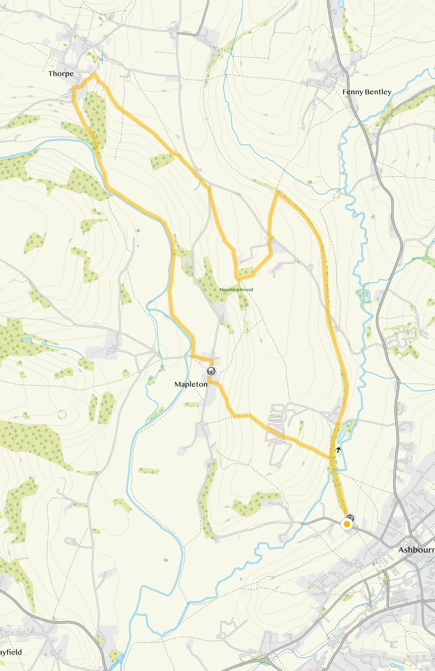 Route map for Ashbourne and Tissington Trail walk, a 6 mile circular walk in Derbyshire