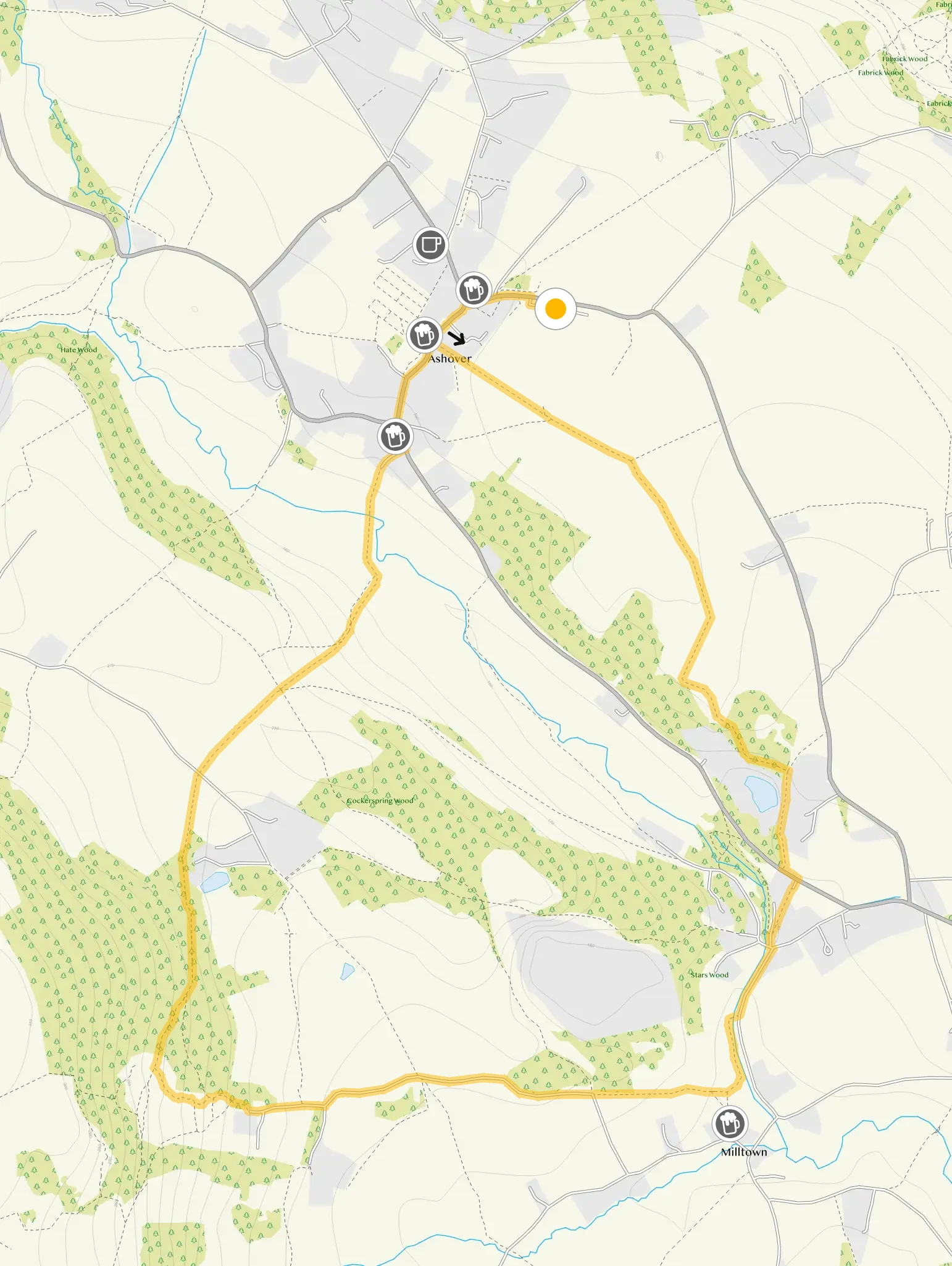 Route map for Ashover Walk, a 3.25 mile circular walk in Derbyshire