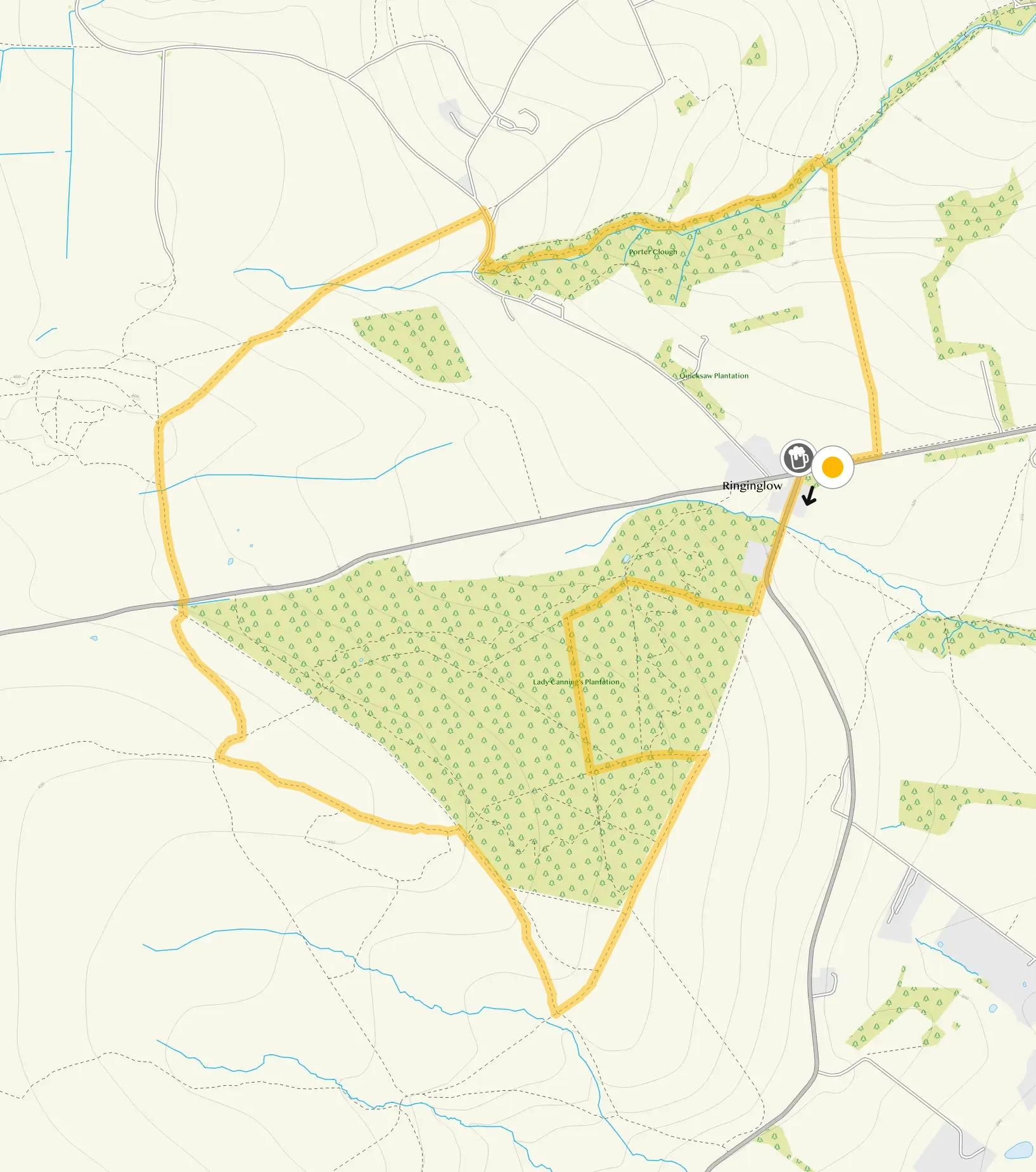 Route map for Ringinglow Walk 2, a 3.75 mile circular walk in Derbyshire