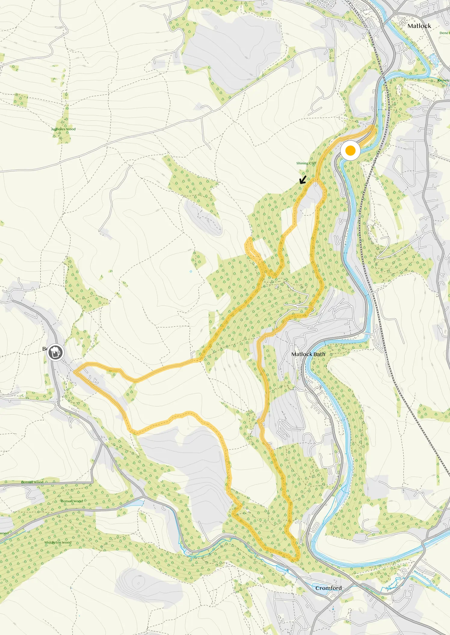 Route map for Matlock Bath Walk, a 5.25 mile circular walk in Derbyshire