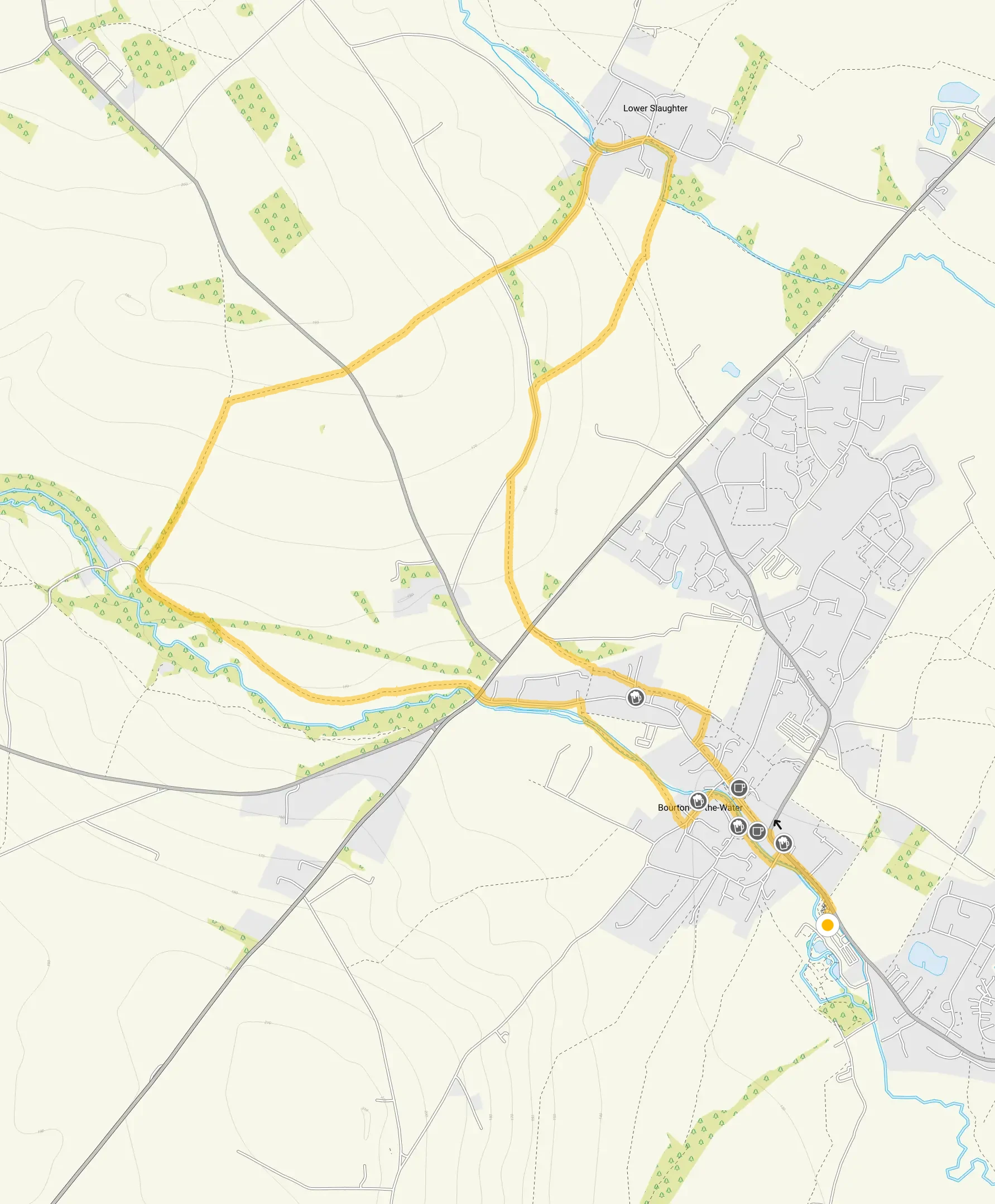 Route map for Bourton-on-the-Water walk with pubs, a 4.75 mile circular walk in Gloucestershire