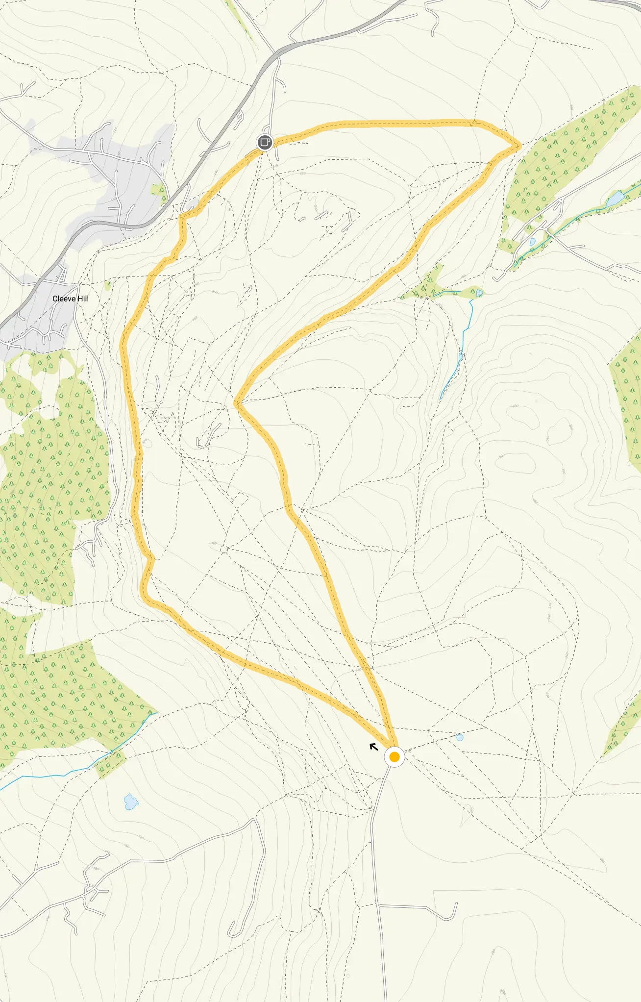 Route map for Cleeve Hill Walk 2, a 4.5 mile circular walk in Gloucestershire