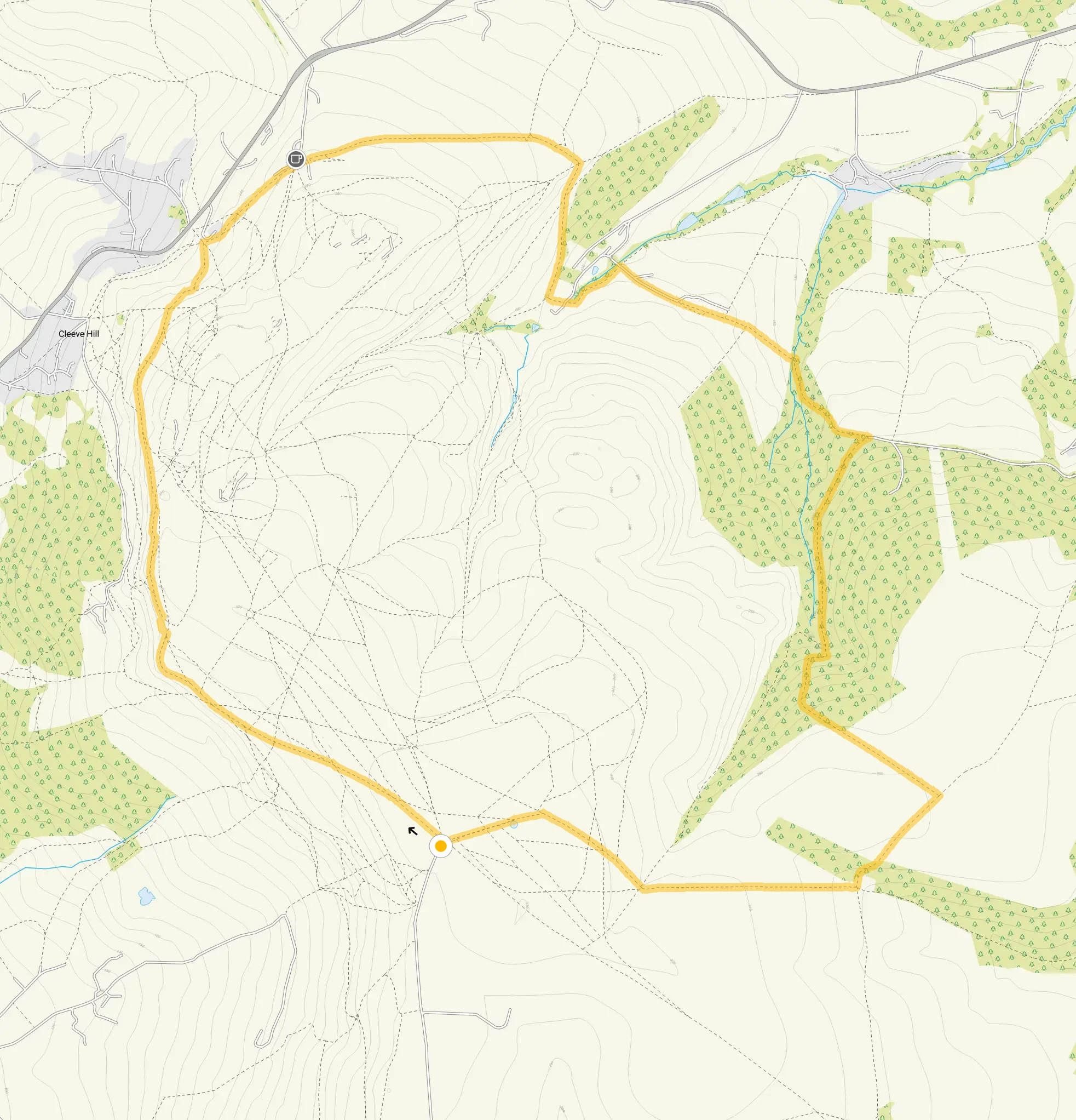 Route map for Cleeve Hill Walk 3, a 6 mile circular walk in Gloucestershire