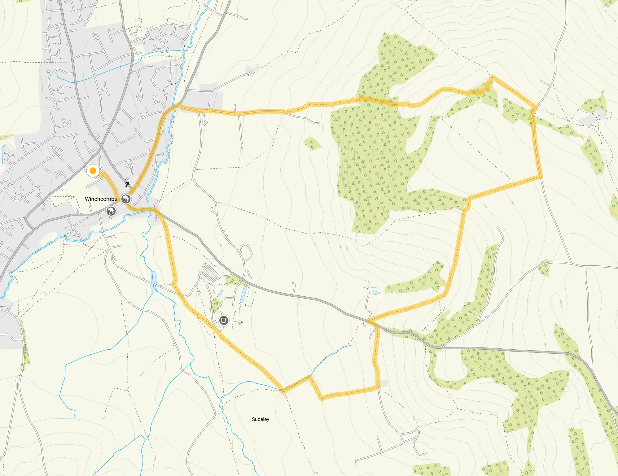 Route map for Winchcombe walk, Gloucestershire