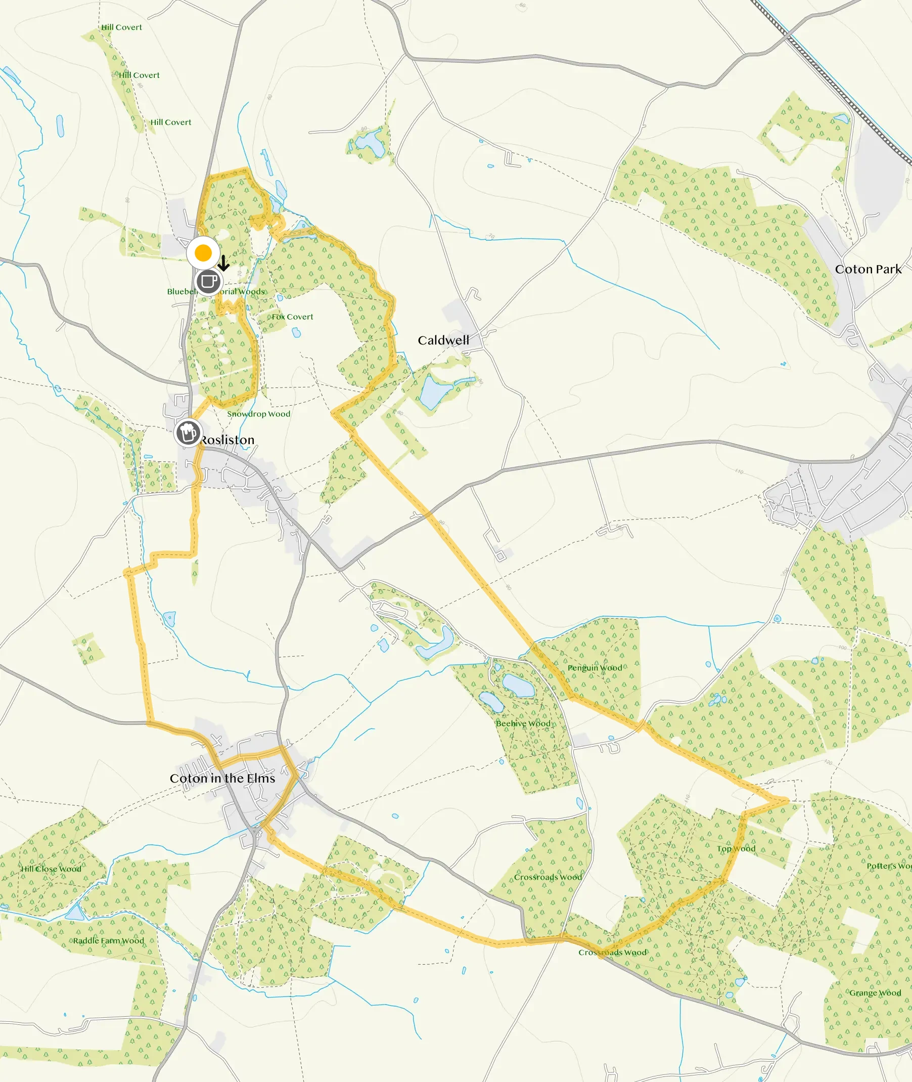 Route map for Rosliston Forest Walk 3, a 6.5 mile circular walk in Derbyshire