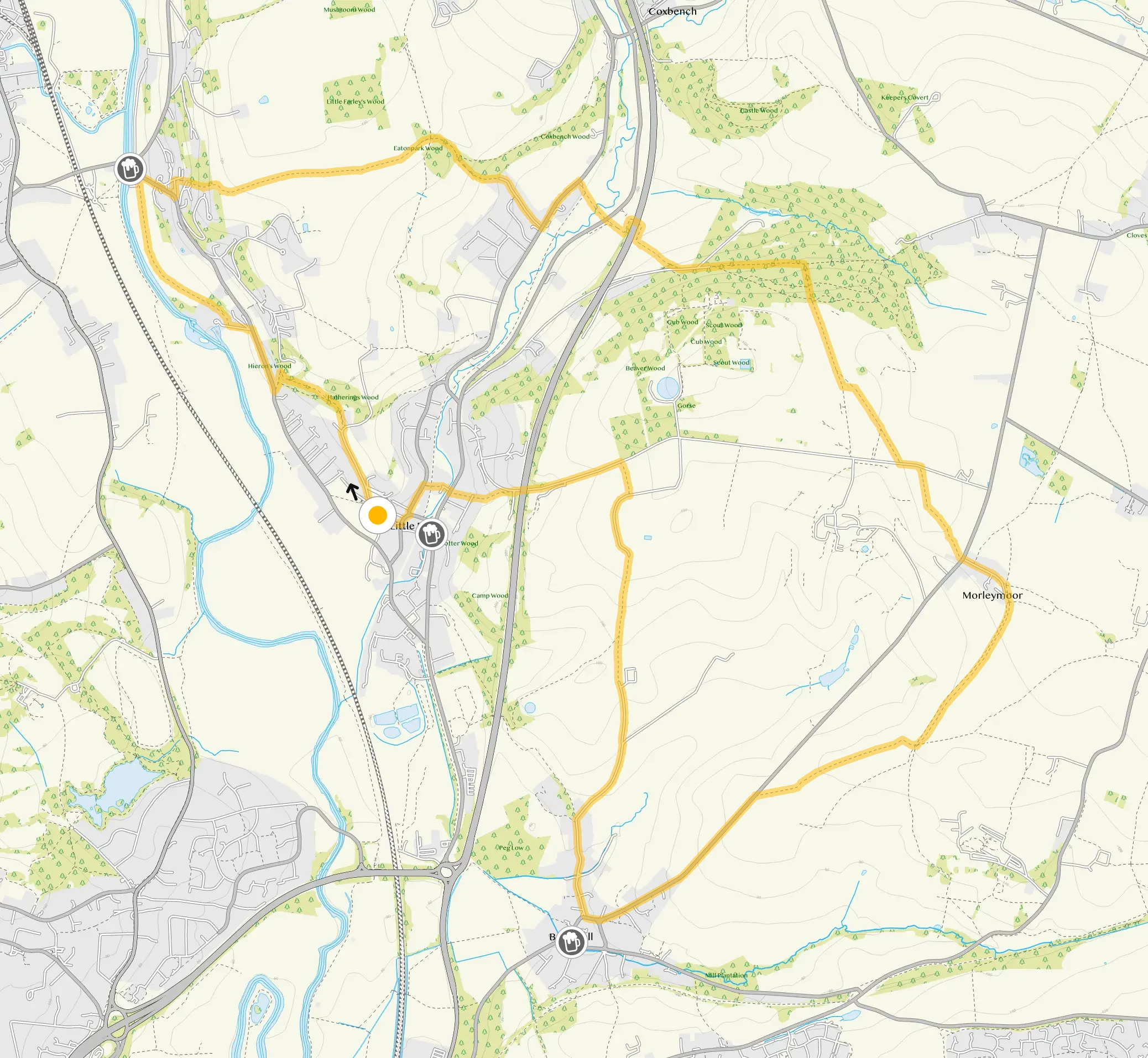 Route map for Little Eaton Walk 2, an 8.5 mile circular walk in Derbyshire