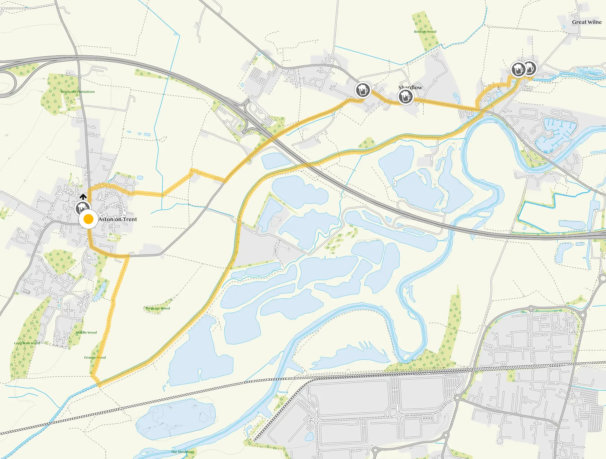 Route map for Aston-on-Trent Walk, a 5.75 mile circular walk in Derbyshire
