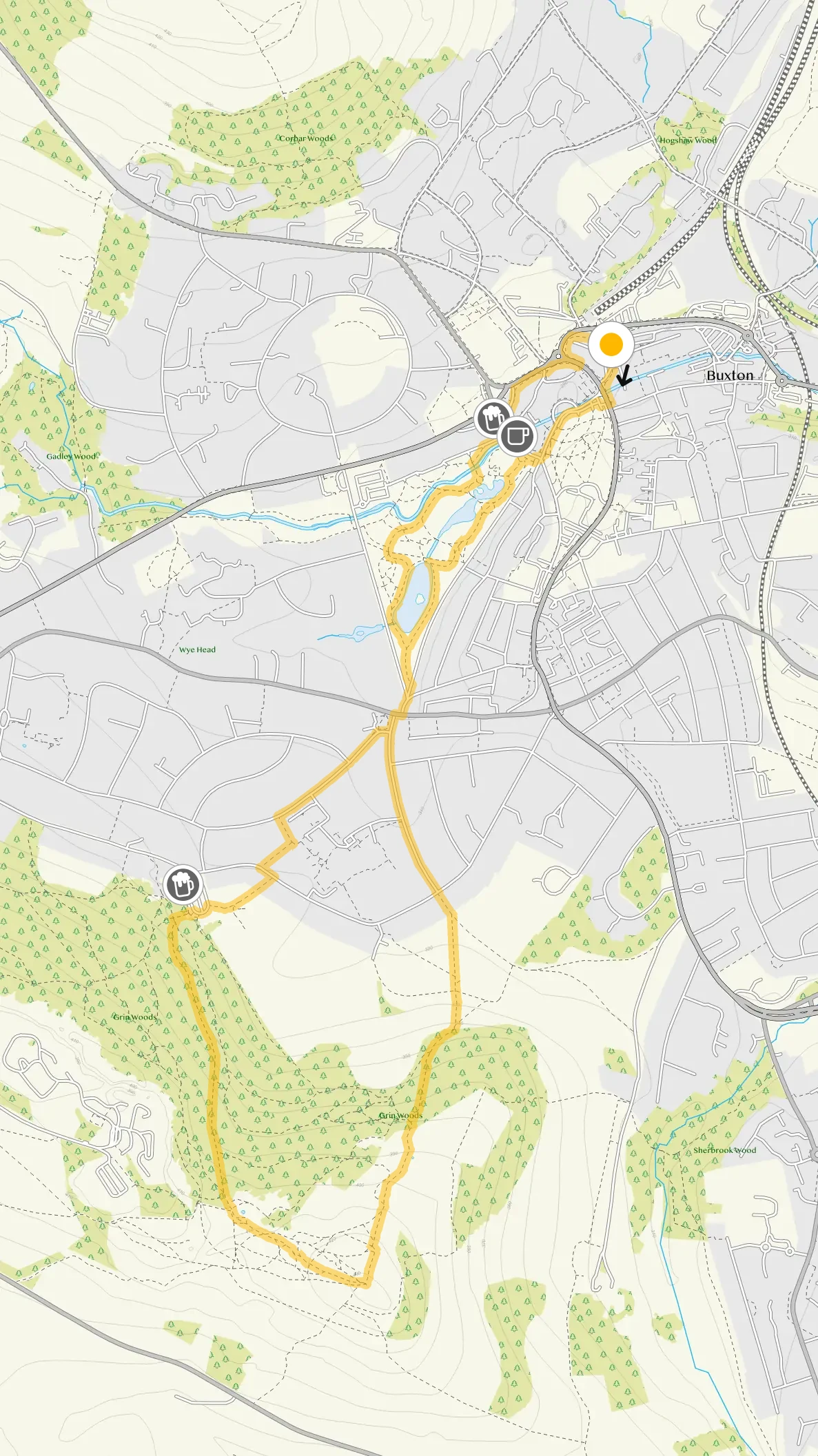 Route map for Buxton Walk 2, a 3.25 mile circular walk in Derbyshire