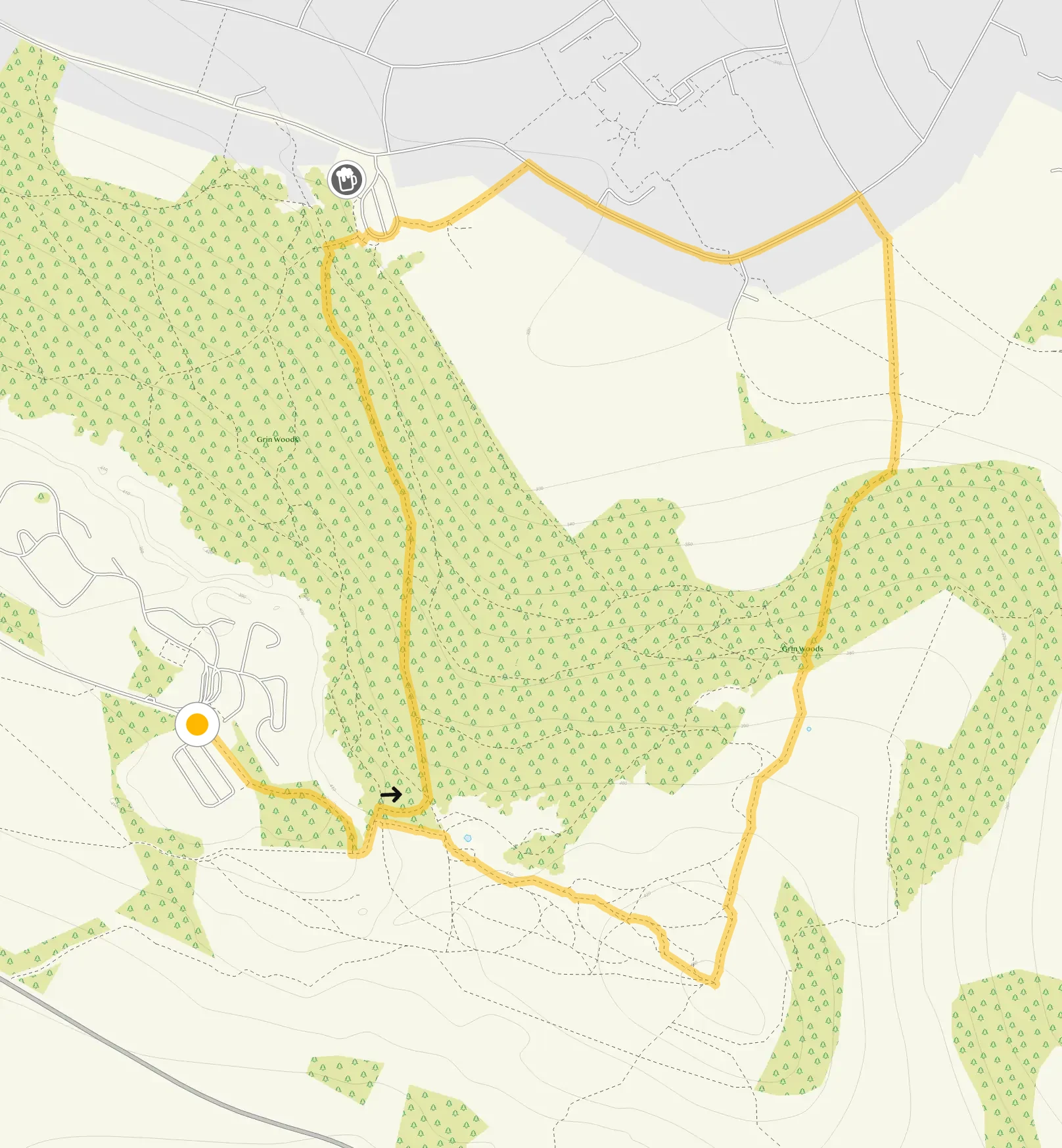 Route map for Grin Low Walk 2, a 2 mile circular walk in Derbyshire