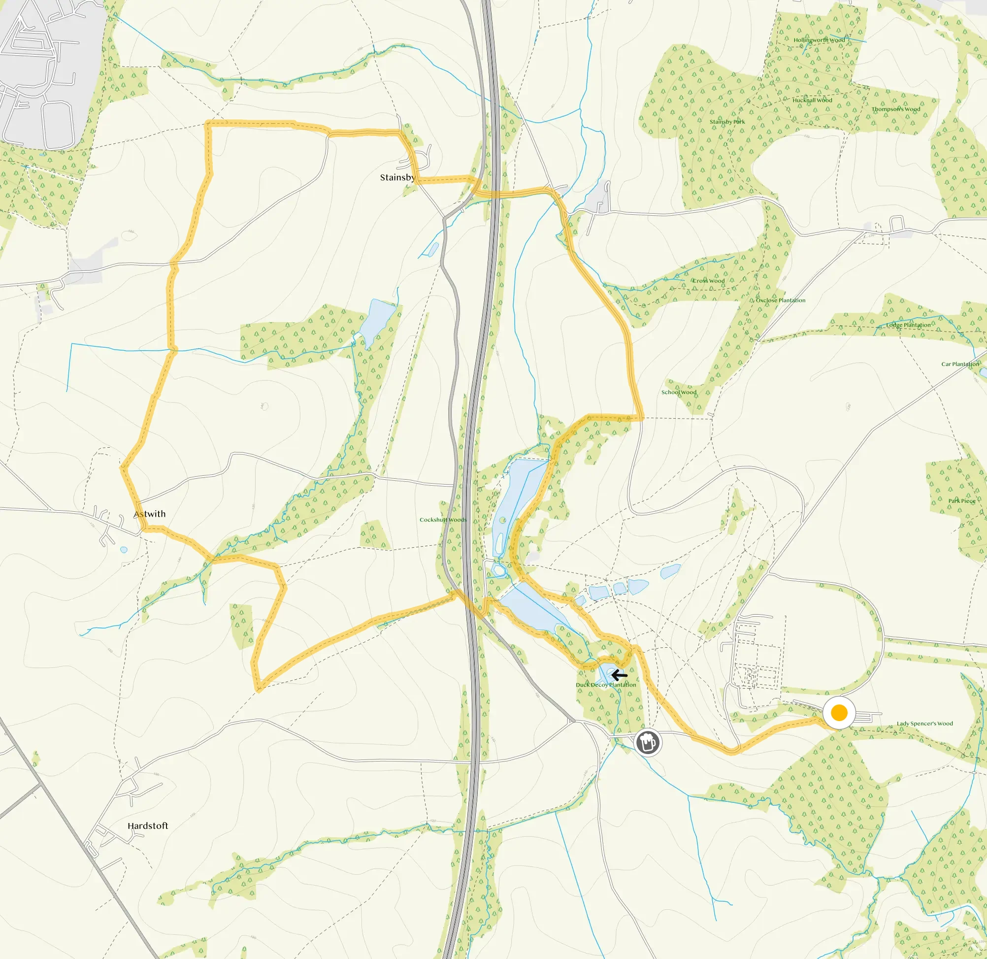Route map for Hardwick Hall Walk 2, a 6.5 mile circular walk in Derbyshire