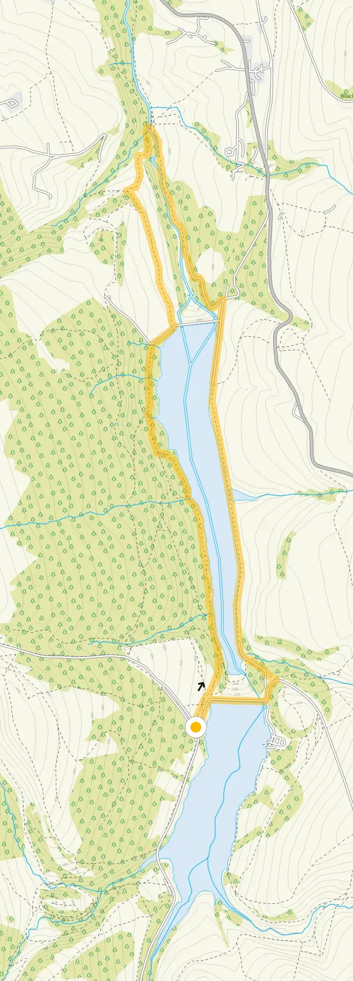 Route map for Fernilee Reservoir and woodland walk, a 4.5 mile circular walk in Derbyshire