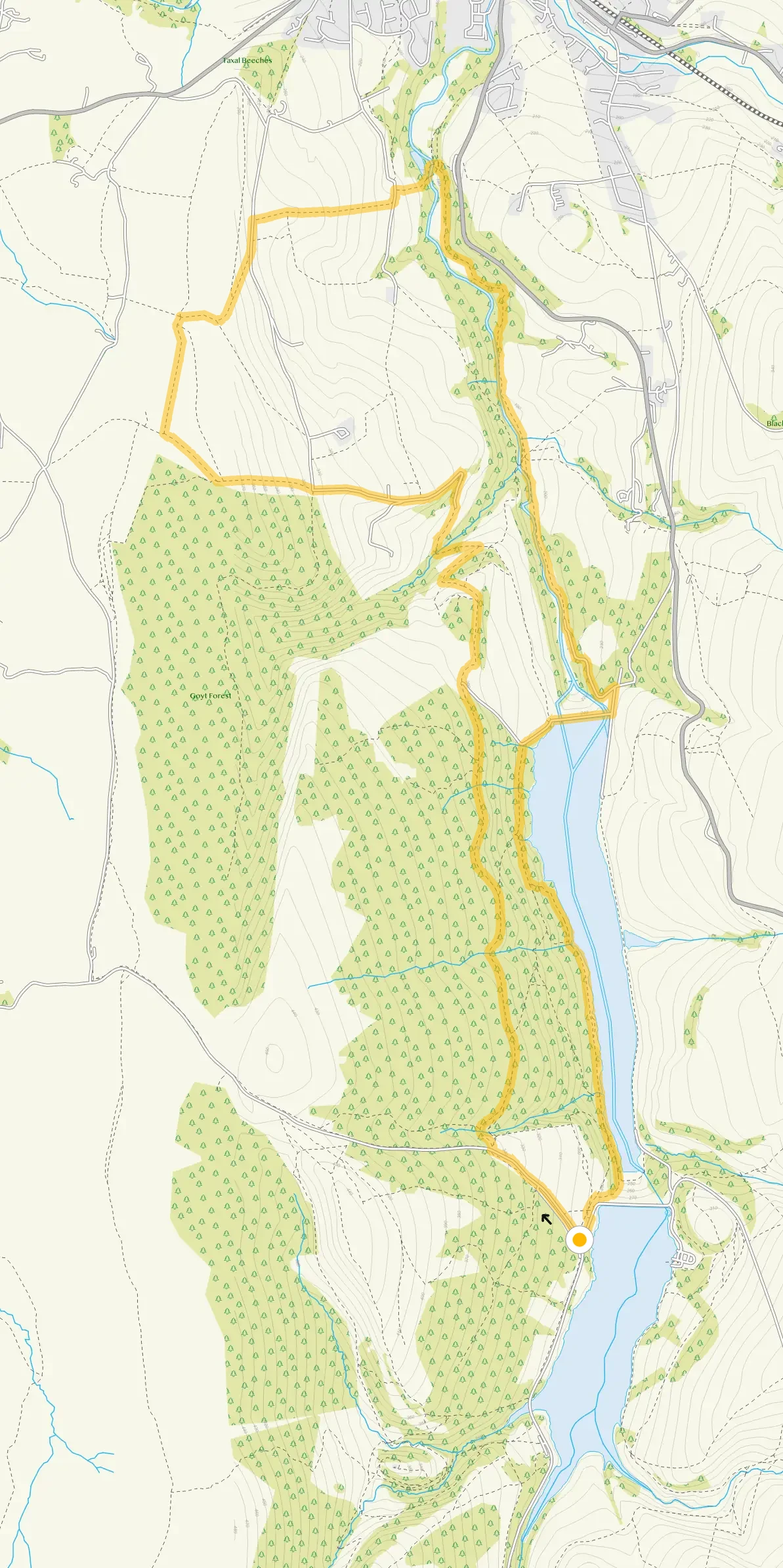 Route map for Fernilee Reservoir and Taxal Edge, a 7.5 mile circular walk in Derbyshire
