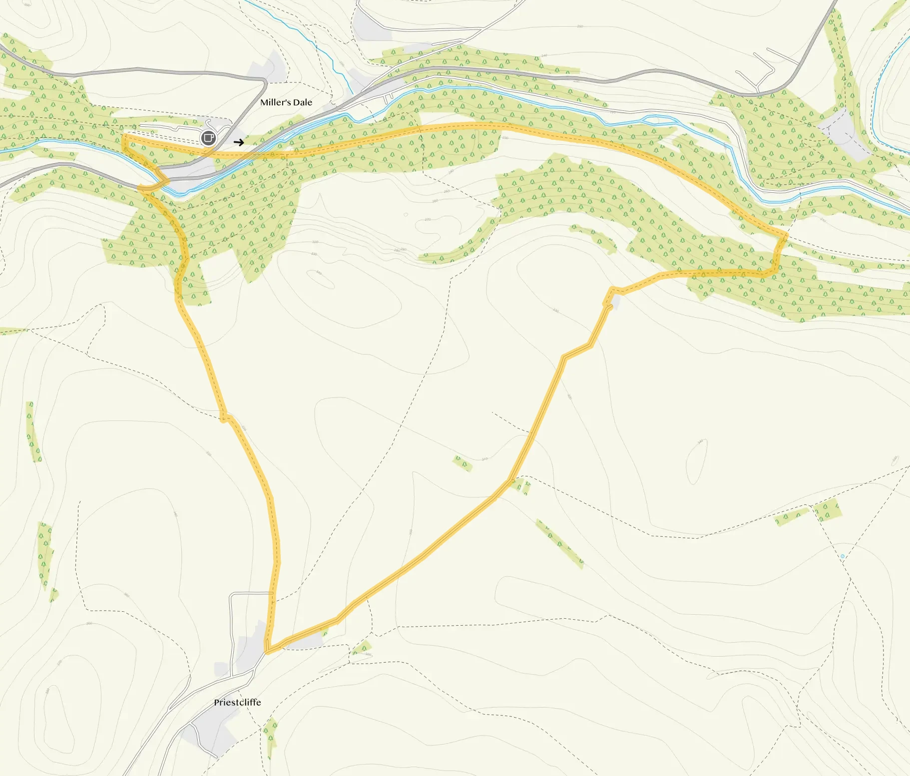 Route map for Miller's Dale Walk 1, a 2.75 mile circular walk in Derbyshire