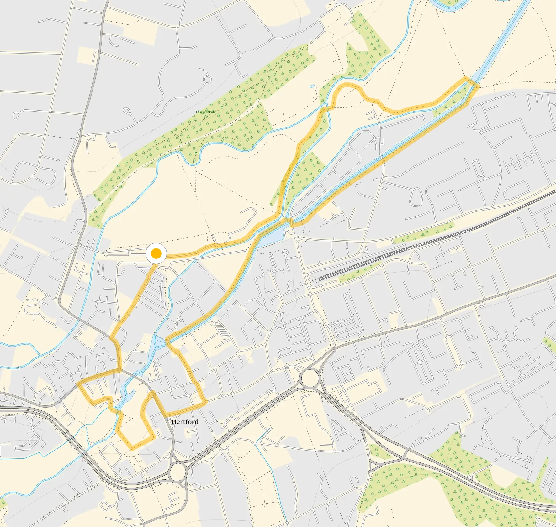 Route map for Hertford Walk 1, a 2.25 mile circular walk in Hertfordshire