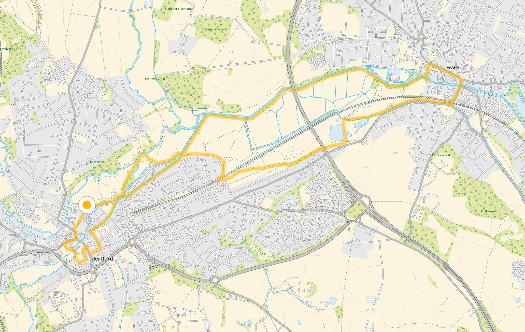 Route map for Hertford Walk 2, a 6.5 mile circular walk in Hertfordshire