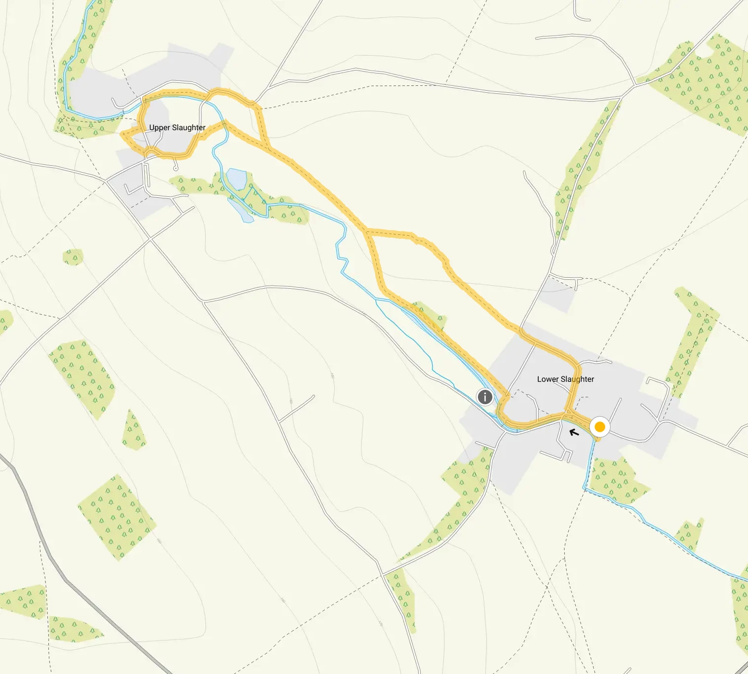 Route map for Lower Slaughter Walk, a 1.75 mile circular walk in Gloucestershire