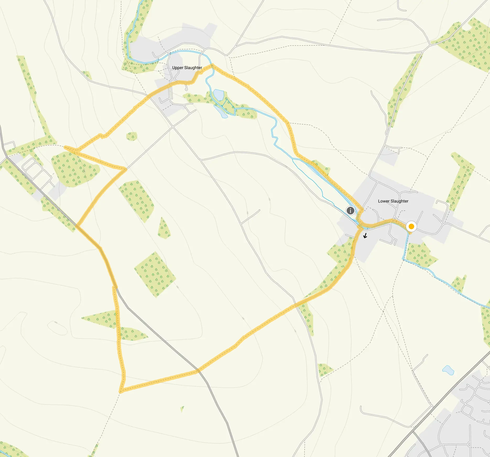 Route map for The Slaughters Walk, a 3 mile circular walk in Gloucestershire