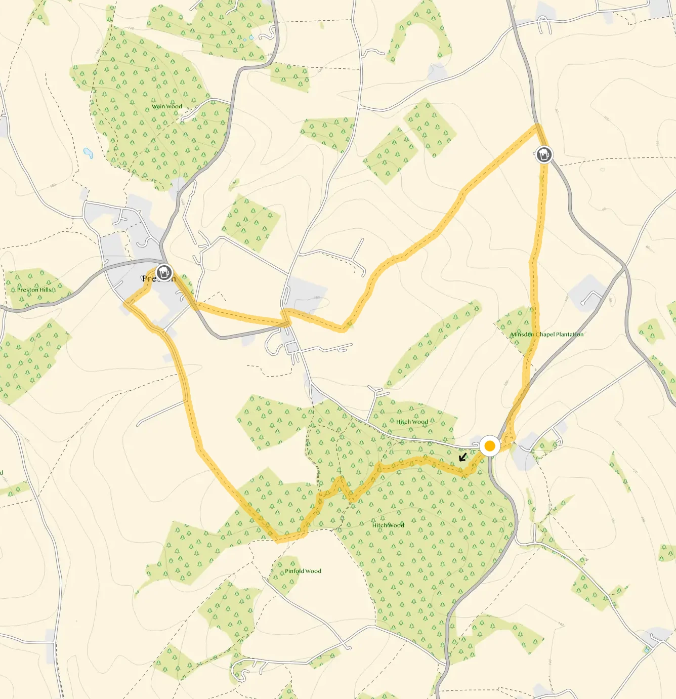 Route map for Hitch Wood Walk, a 4.75 mile circular walk in Hertfordshire
