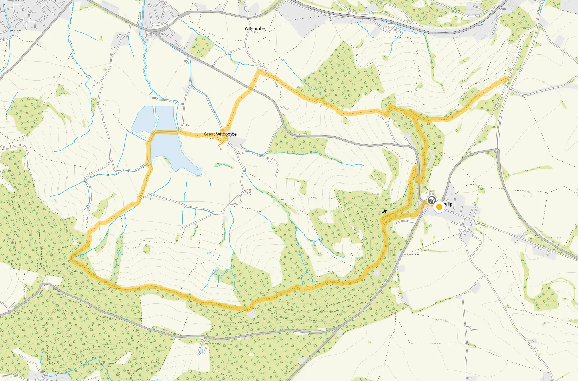 Route map for Birdlip Viewpoint and pub walk, a 6.25 mile circular walk in Gloucestershire