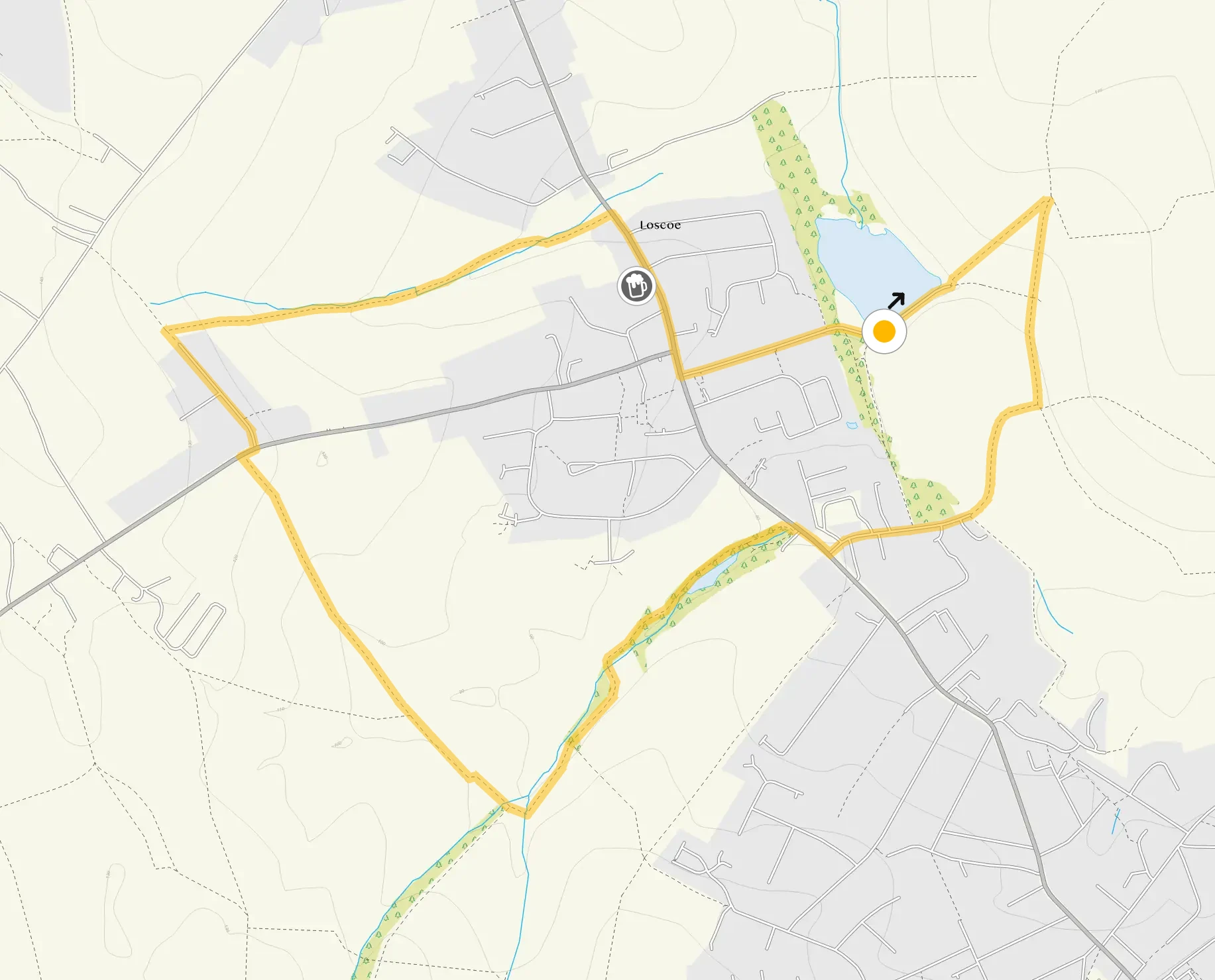 Route map for Loscoe Dam Walk 2, a 3 mile circular walk in Derbyshire