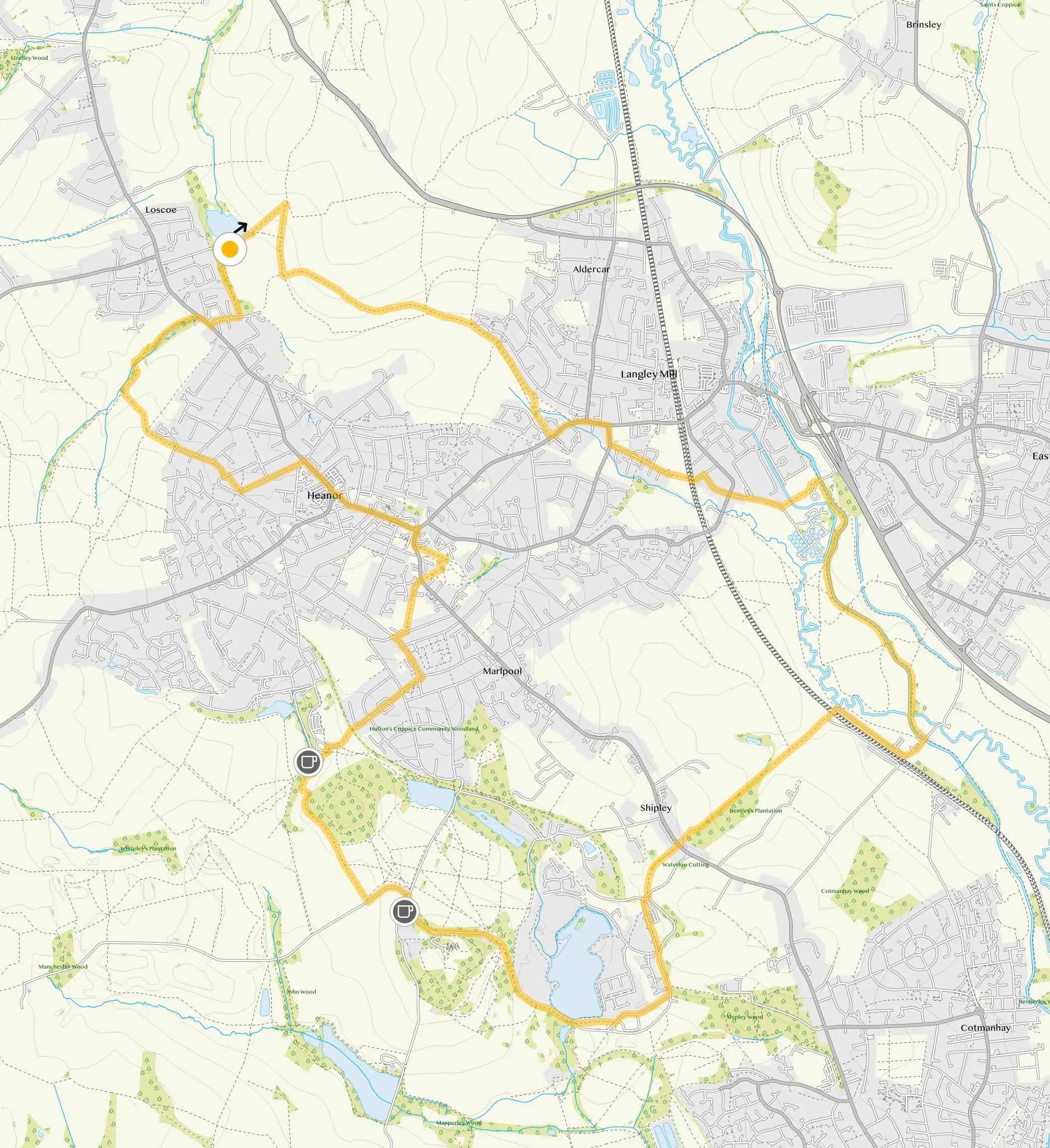 Route map for Loscoe Dam Walk 3, a 9 mile circular walk in Derbyshire