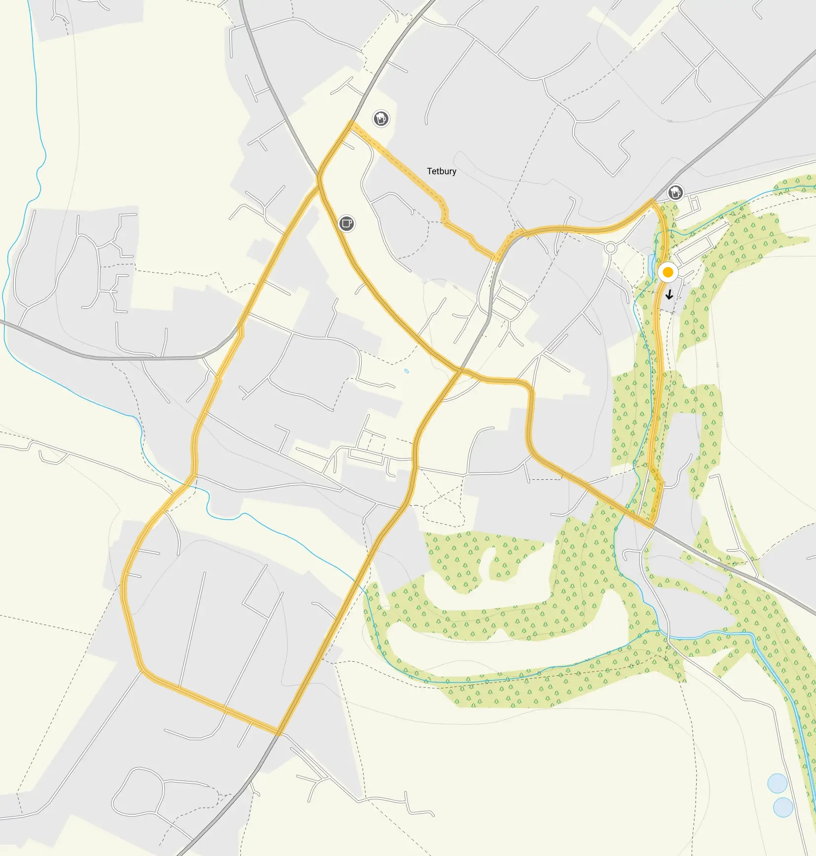 Route map for Tetbury town walk, a 1.75 mile circular walk in Gloucestershire