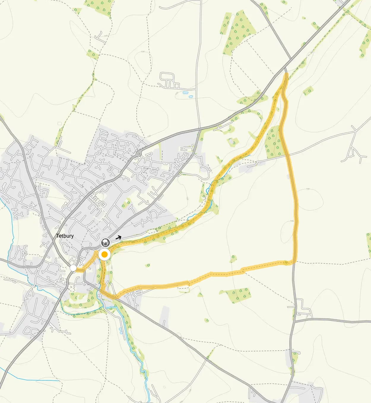 Route map for Tetbury valley walk, a 4 mile circular walk in Gloucestershire