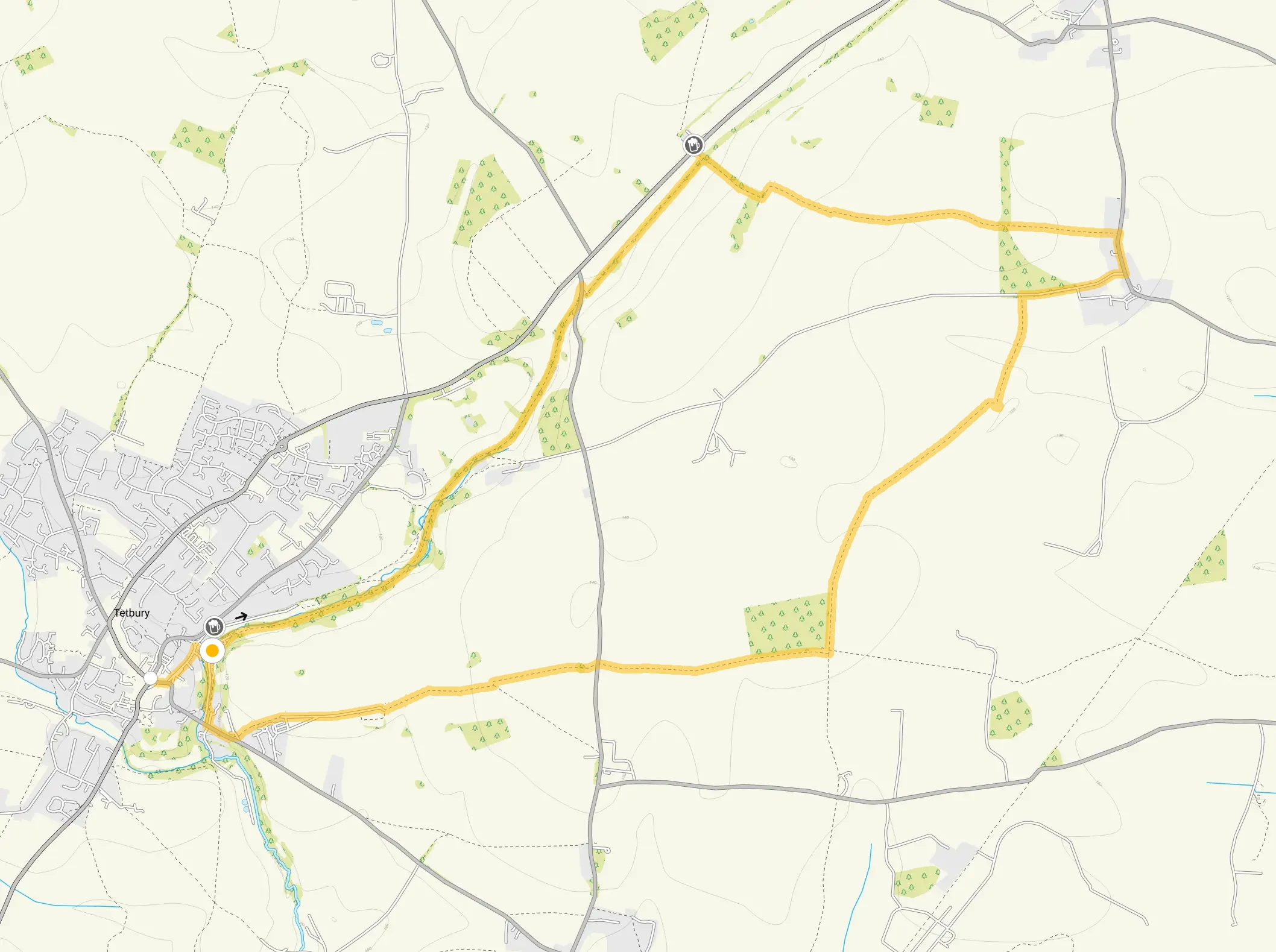 Route map for Tetbury Trail and Ashley walk, a 6.75 mile circular walk in Gloucestershire