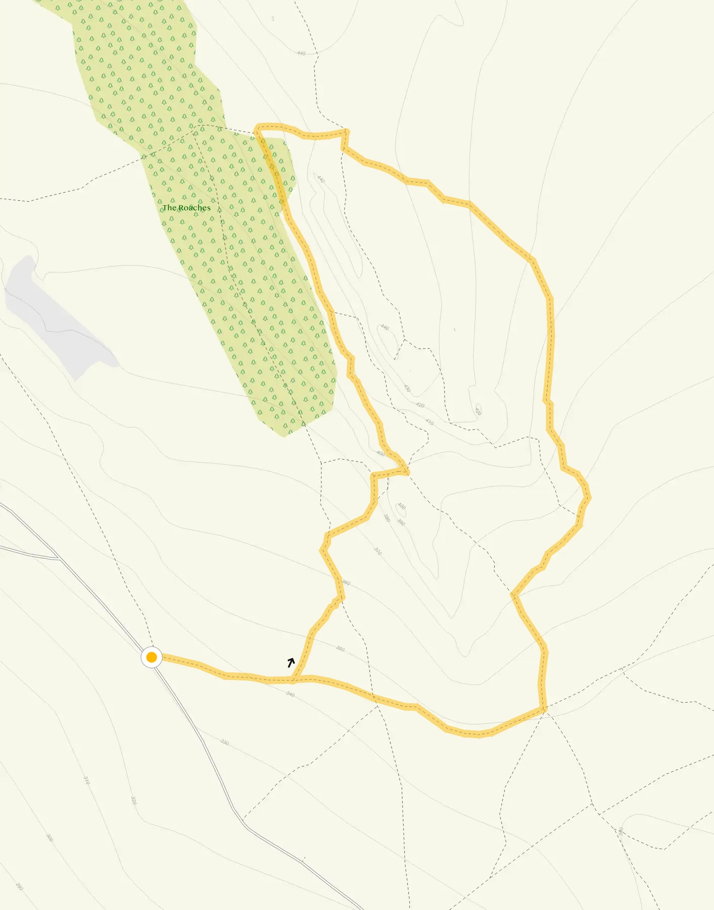 Route map for The short Roaches walk, a 1 mile circular walk in Derbyshire