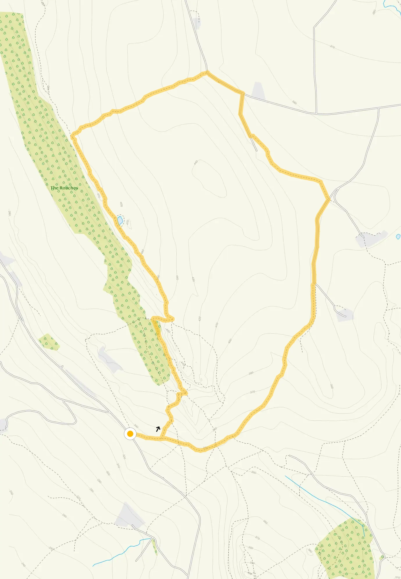 Route map for A longer Roaches walk, a 2.5 mile circular walk in Derbyshire