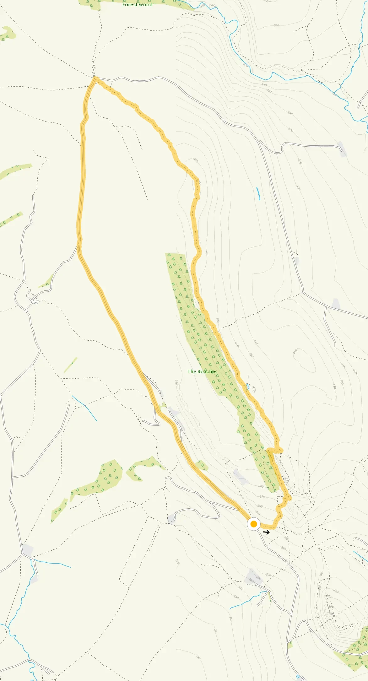 Route map for The Roaches and woodland walk, a 3.5 mile circular walk in Derbyshire