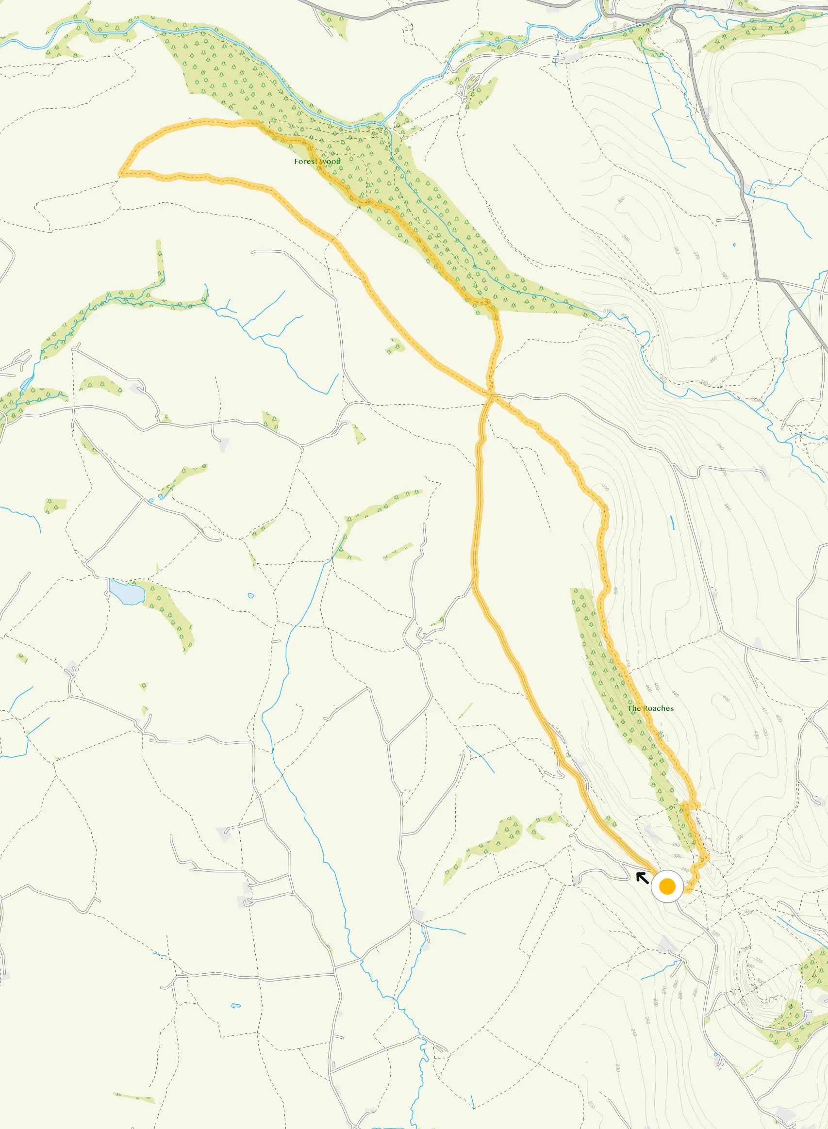 Route map for Lud’s Church and The Roaches, a 6.75 mile circular walk in Derbyshire