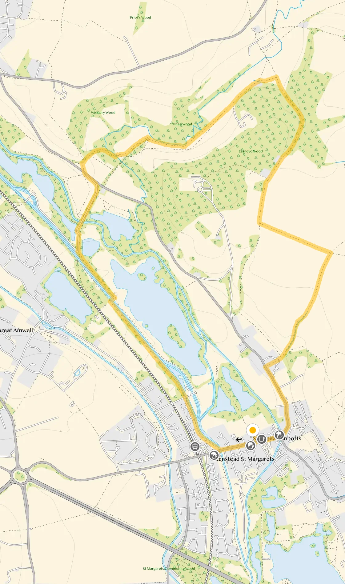 Route map for St Margarets Walk, a 4.25 mile circular walk in Hertfordshire