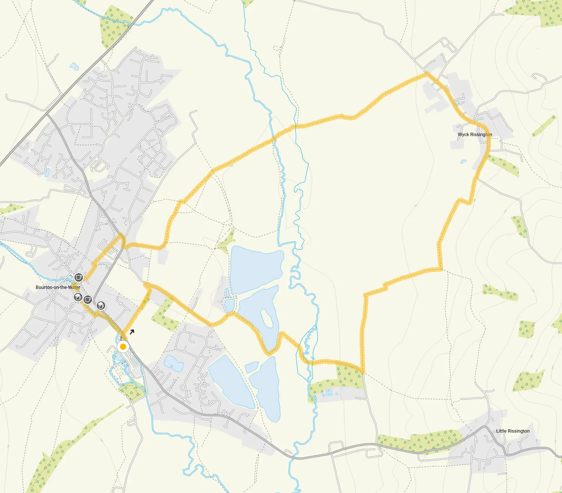 Route map for Bourton-on-the-Water Village and Countryside Walk, a 4.75 mile circular walk in Gloucestershire