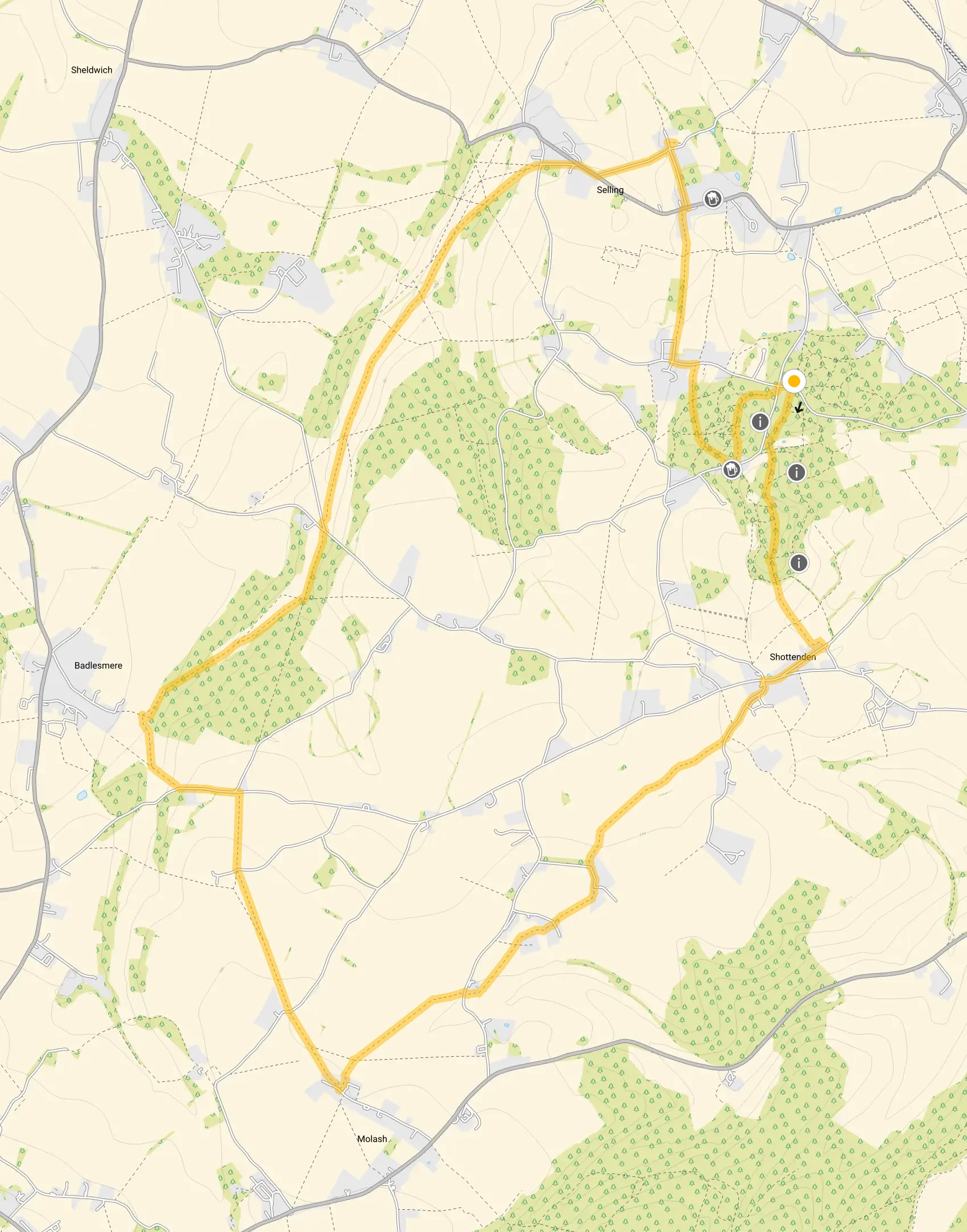 Route map for Perry Wood Walk 2, an 8.75 mile circular walk in Kent