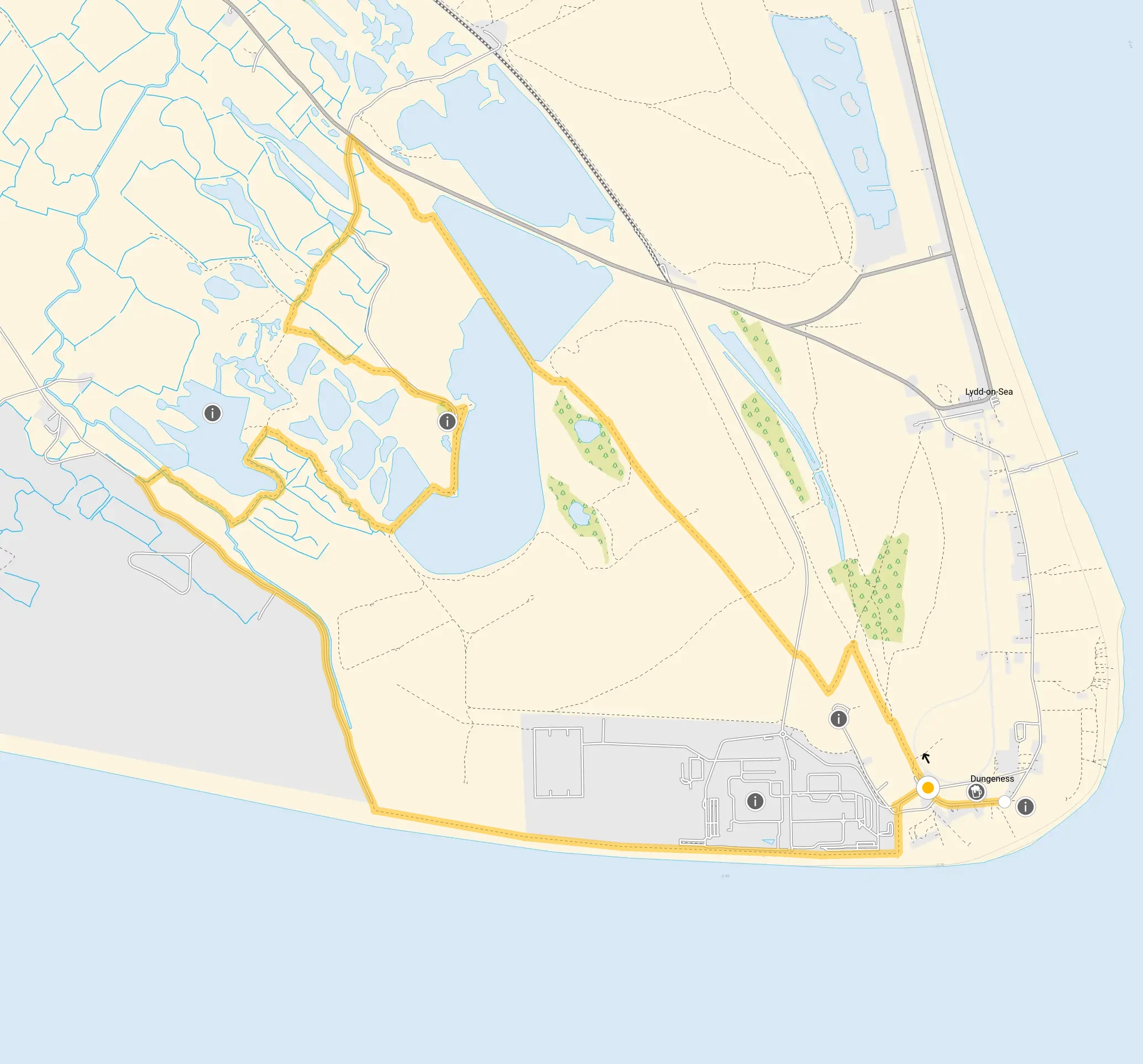Route map for Dungeness Walk 2, an 8.75 mile circular walk in Kent