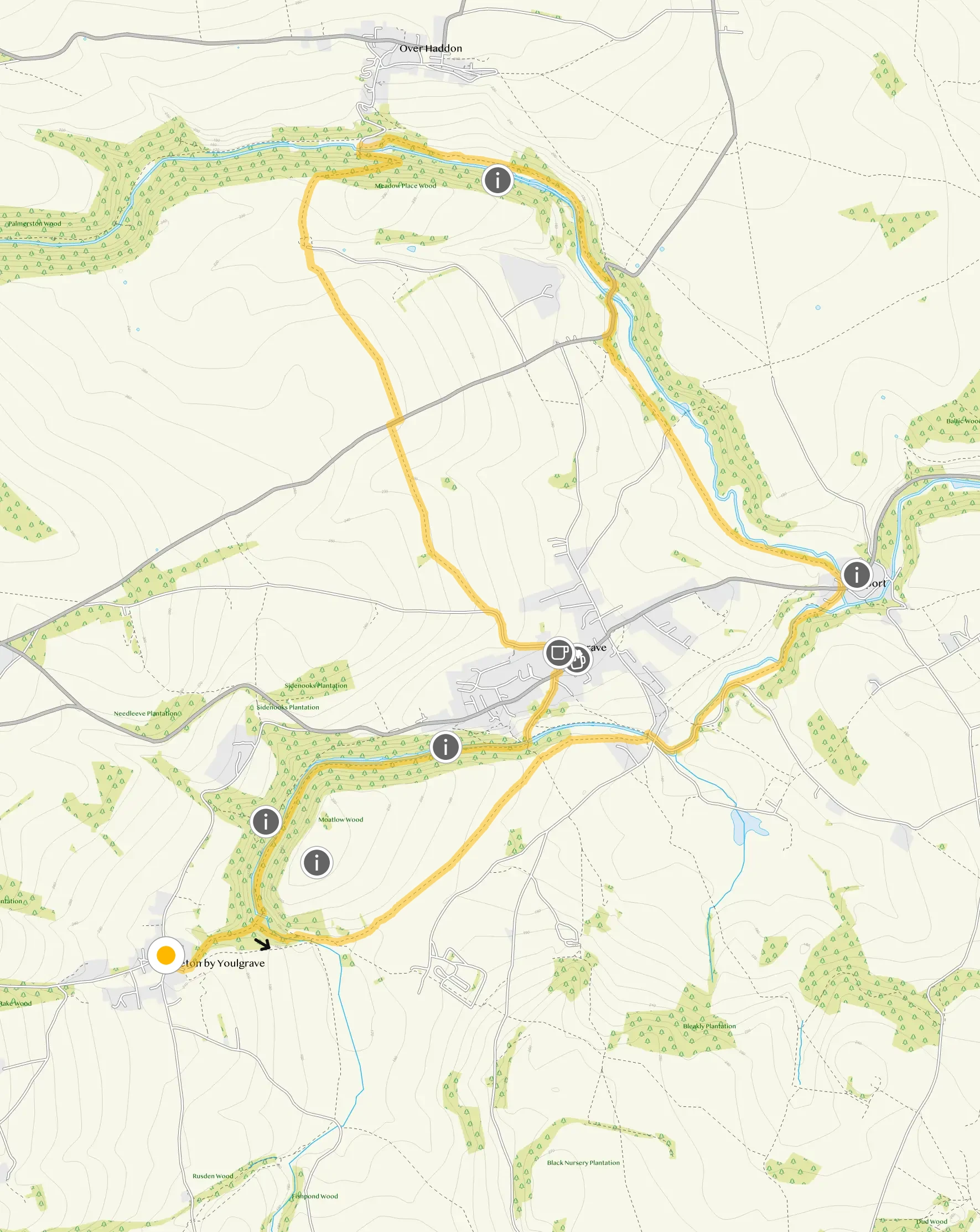 Route map for Youlgrave Walk 2, a 6.75 mile circular walk in Derbyshire