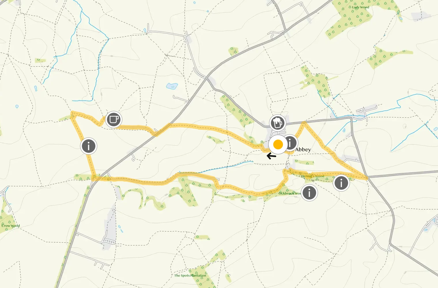Route map for Dale Abbey Walk 1, a 3.5 mile circular walk in Derbyshire